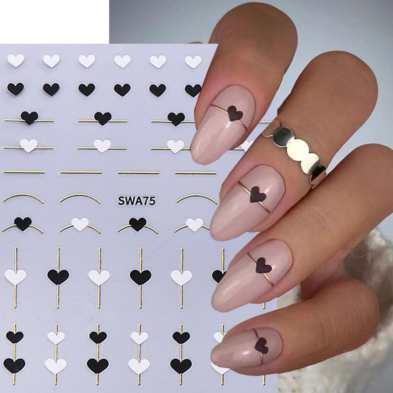 Lbpepamz 8Sheet Valentine'S Day Nail Stickers Pink Red Heart Nail Art Stickers Gold Line White Black Love Heart Nail Supplies Fo
