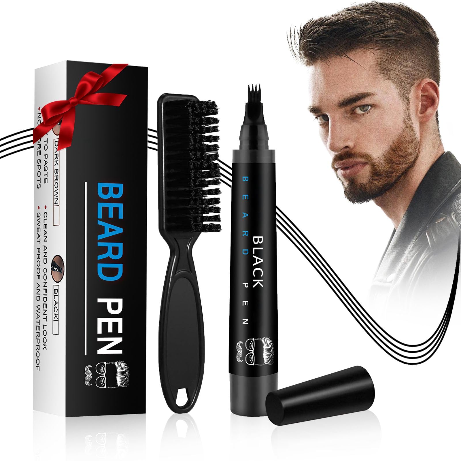 Beard Pencil Filler for Men Black Beard Brush Mens Grooming Kits, Black
