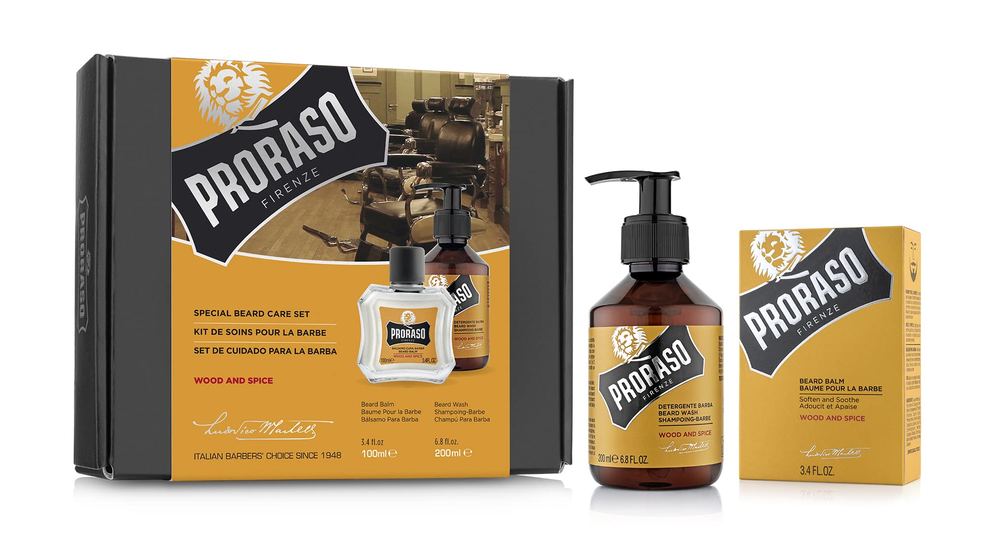 Proraso Beard Care Kit For Men | Beard Wash & Beard Balm To Cleanse, Soften And Reduce Itch For New Or Short Beards | Wood & Spi