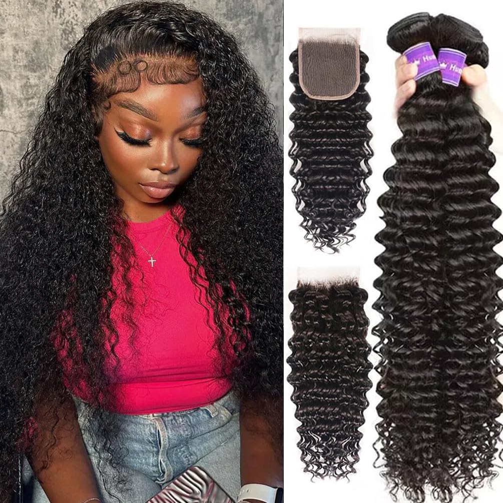 Brazilian Deep Wave Bundles with Closure (14 16 18+12 Closure) 12A 100% Unprocessed Virgin Deep Curly Weave Human Hair Bundles w