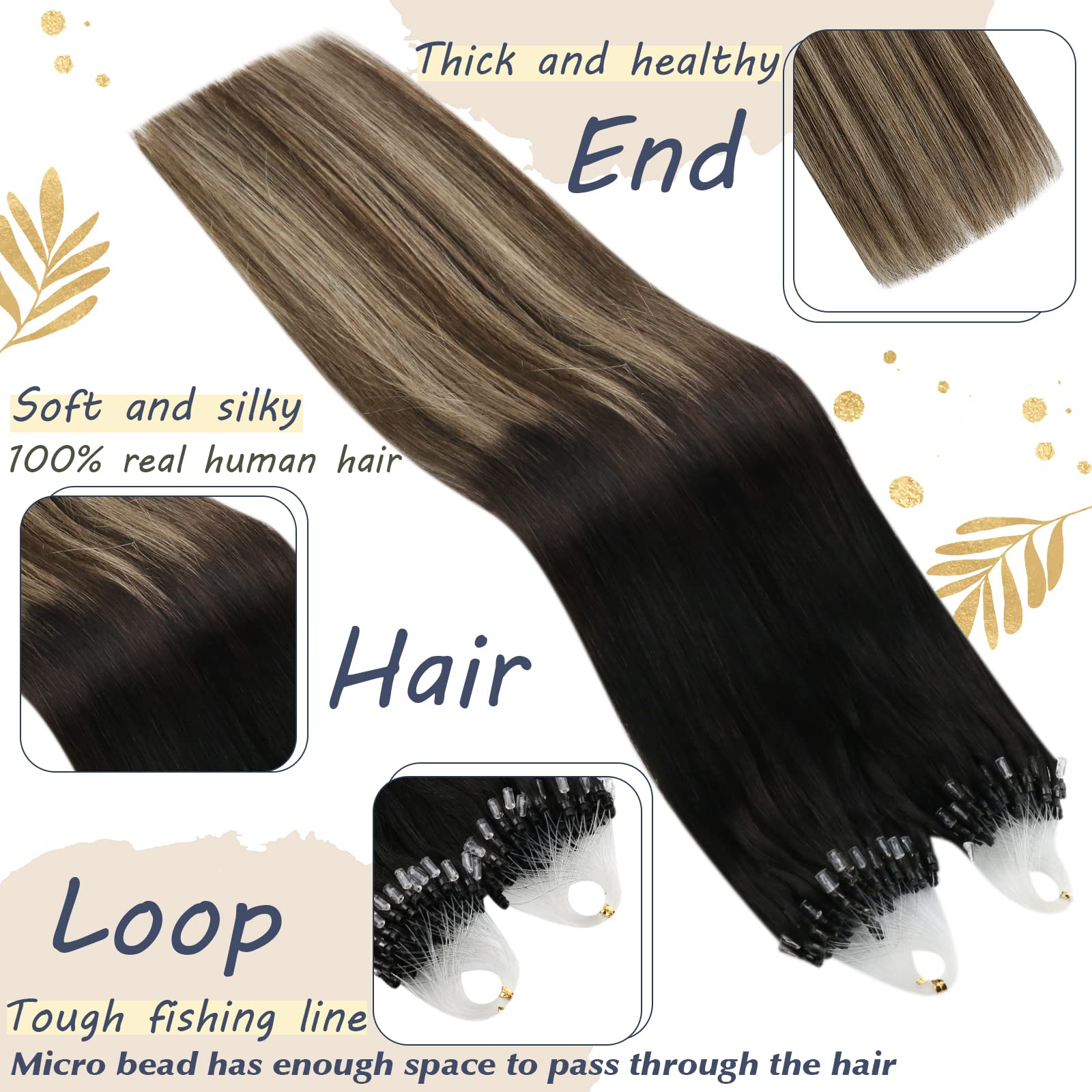 Ugeat Balayage Hair Extensions Micro Loop 16 Inch Micro Ring Human Hair Extensions 50Gram Micro Loop Cold Fusion Remy Human Hair