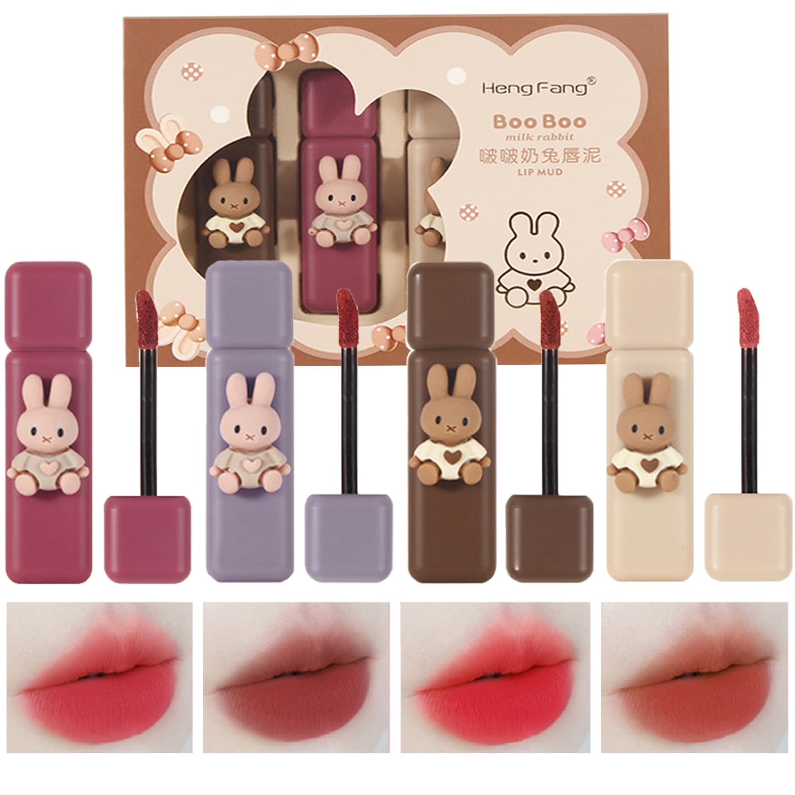Domality 4pcs Bunny Rabbit Flavor Lip Gloss Set for Lips & Cheeks, 4 Colors Matte Velvet Mousse Liquid Lipstick, Soft Lightweigh