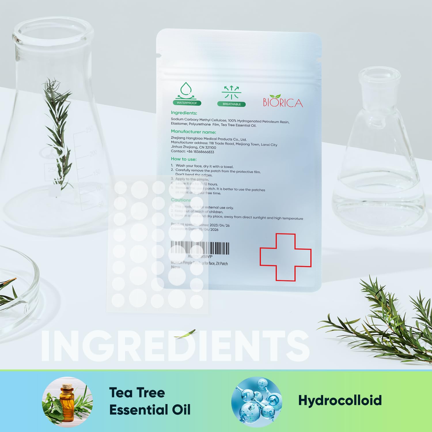 BIORICA Pimple Patches for Face with Tea Tree Oil. Hydrocolloid Acne Pimple Patches. Blemish Patches, Acne Dots, Pimple Stickers