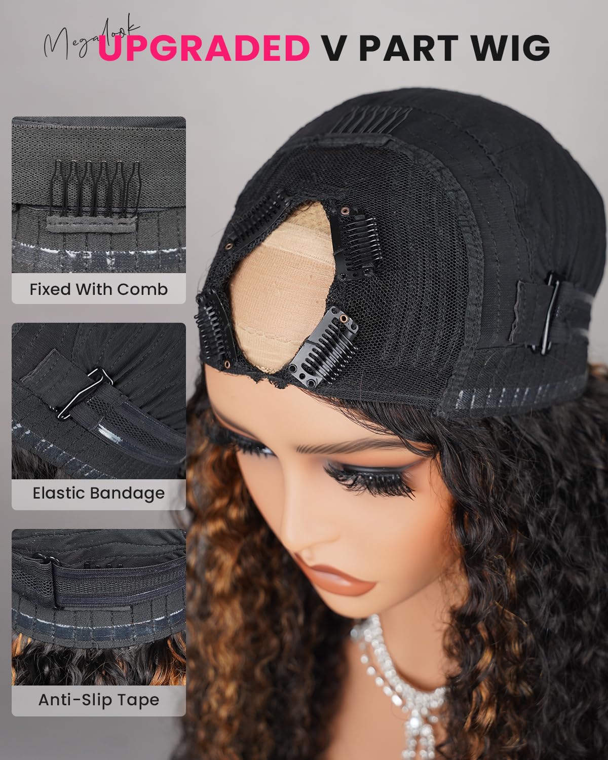Megalook V Part Wig Human Hair Highlight Wig 12A Deep Curly Wig Human Hair 180% Density Half Wigs For Women Glueless U Part Wig