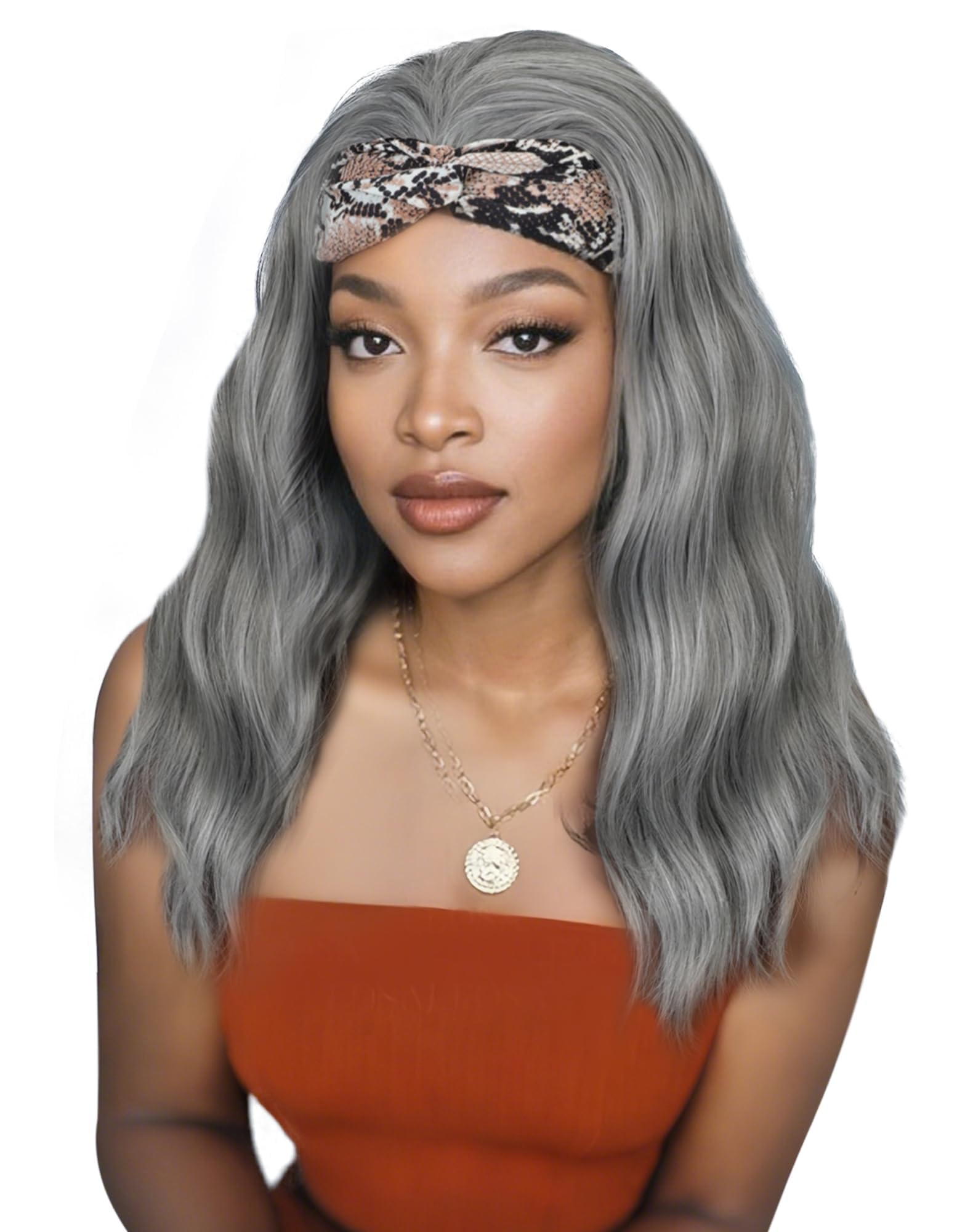QUEENTAS 14 Inch Body Wave Wavy Headband Wig, Silver Grey for Black Women, Glueless Wear and Go Synthetic Heat Resistant Hair, D