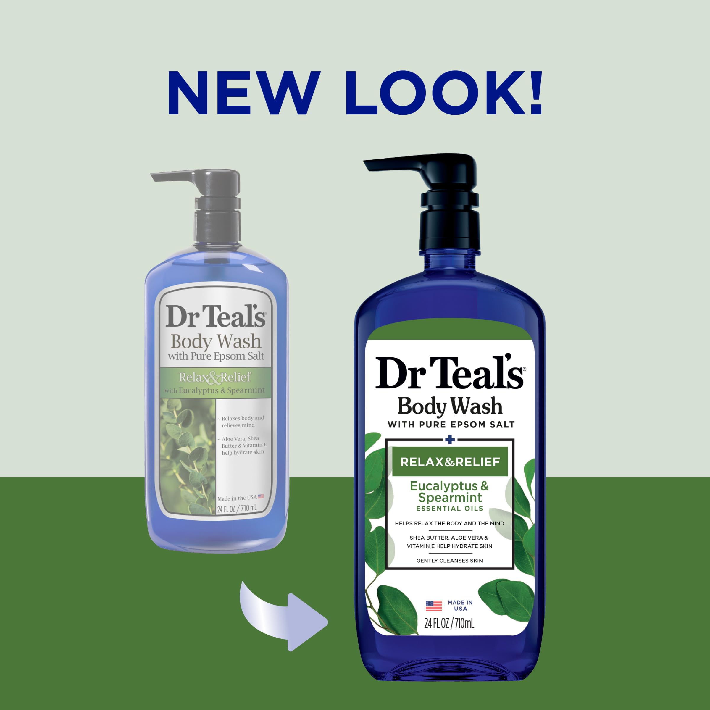 Dr Teal'S Body Wash With Pure Epsom Salt, Relax & Relief With Eucalyptus & Spearmint, 24 Fl Oz (Pack Of 2) (Packaging May Vary)
