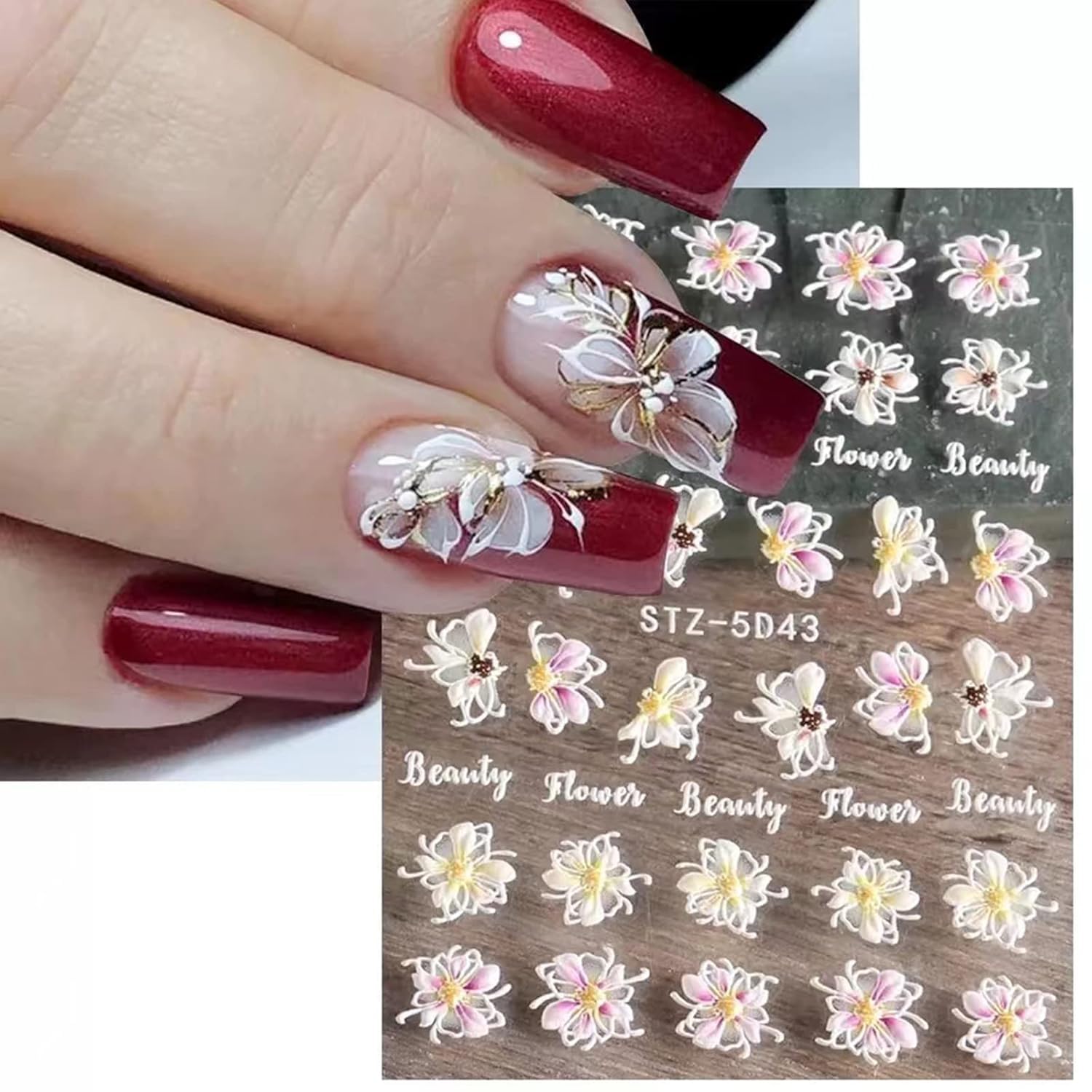 Votacos 6 Sheets White Flower Nail Art Stickers Decals 5D Embossed Nail Decals Spring Winter Nail Art Design Self-Adhesive Nail