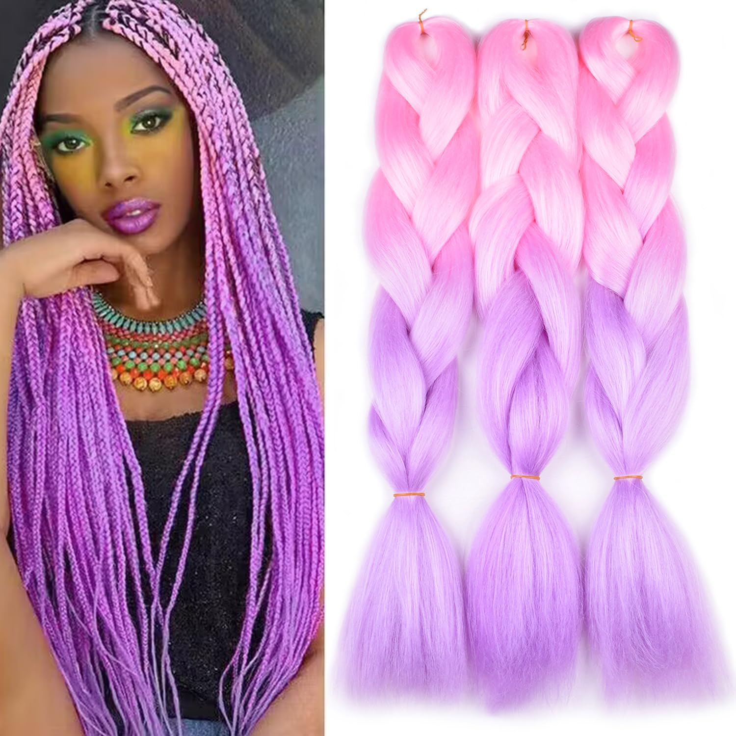 BACANA Ombre Braiding Hair Kanekalon Light Pink/Light Purple 3 Packs Jumbo Braid in Hair Extension Ombre Colors High Temperature