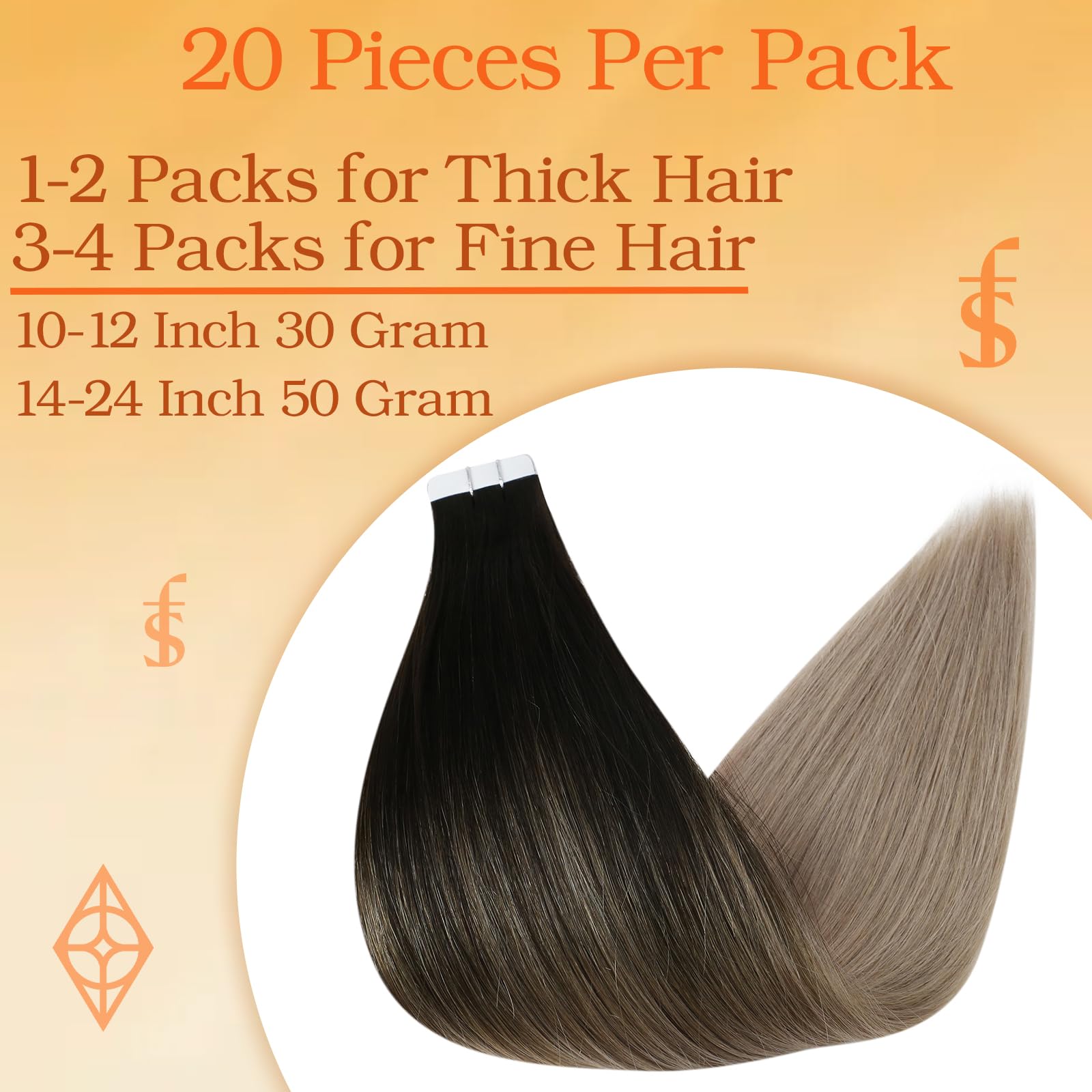 Full Shine 22 Inch Balayage Tape In Hair Extensions Human Hair Color 1B Off Black Fading To Ash Blonde 18 Seamless Skin Weft Hai