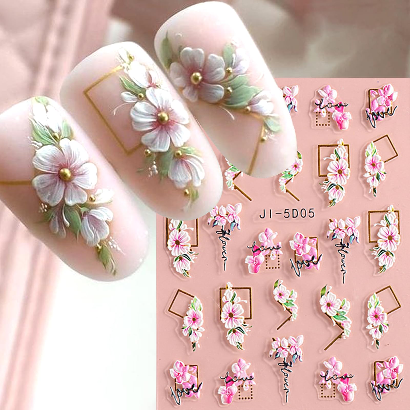 Votacos Flower Nail Art Stickers Decals 5D Embossed Nail Decals 6 Sheets Spring Summer Self-Adhesive Nail Supplies Accessories 3