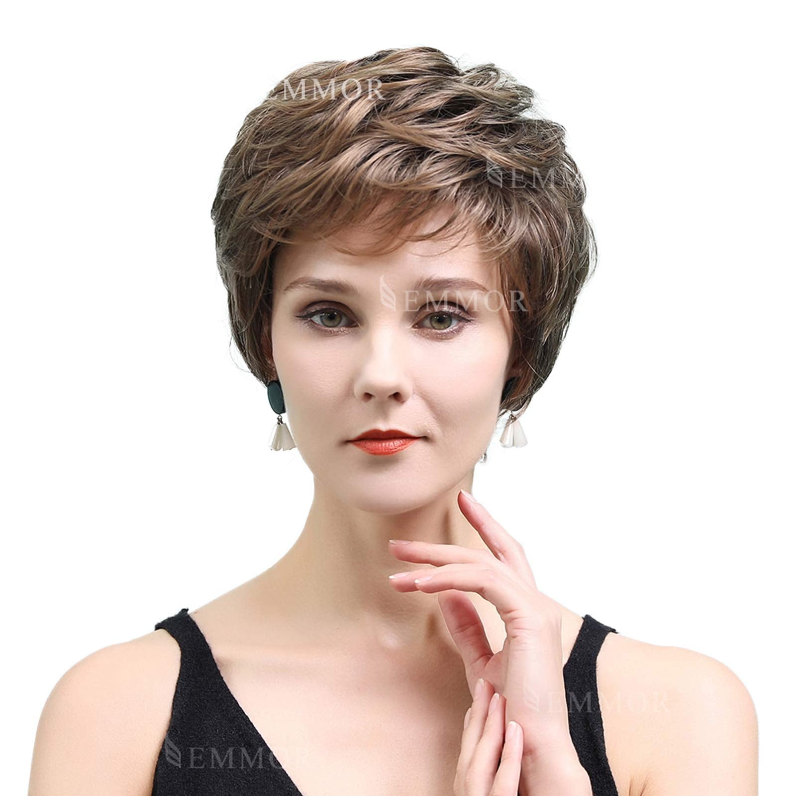 EMMOR Short Brown Human Hair Wigs for Women Blend Pixie Cut Wig With Bang,Natural Daily Use Hair (Color 8T20)