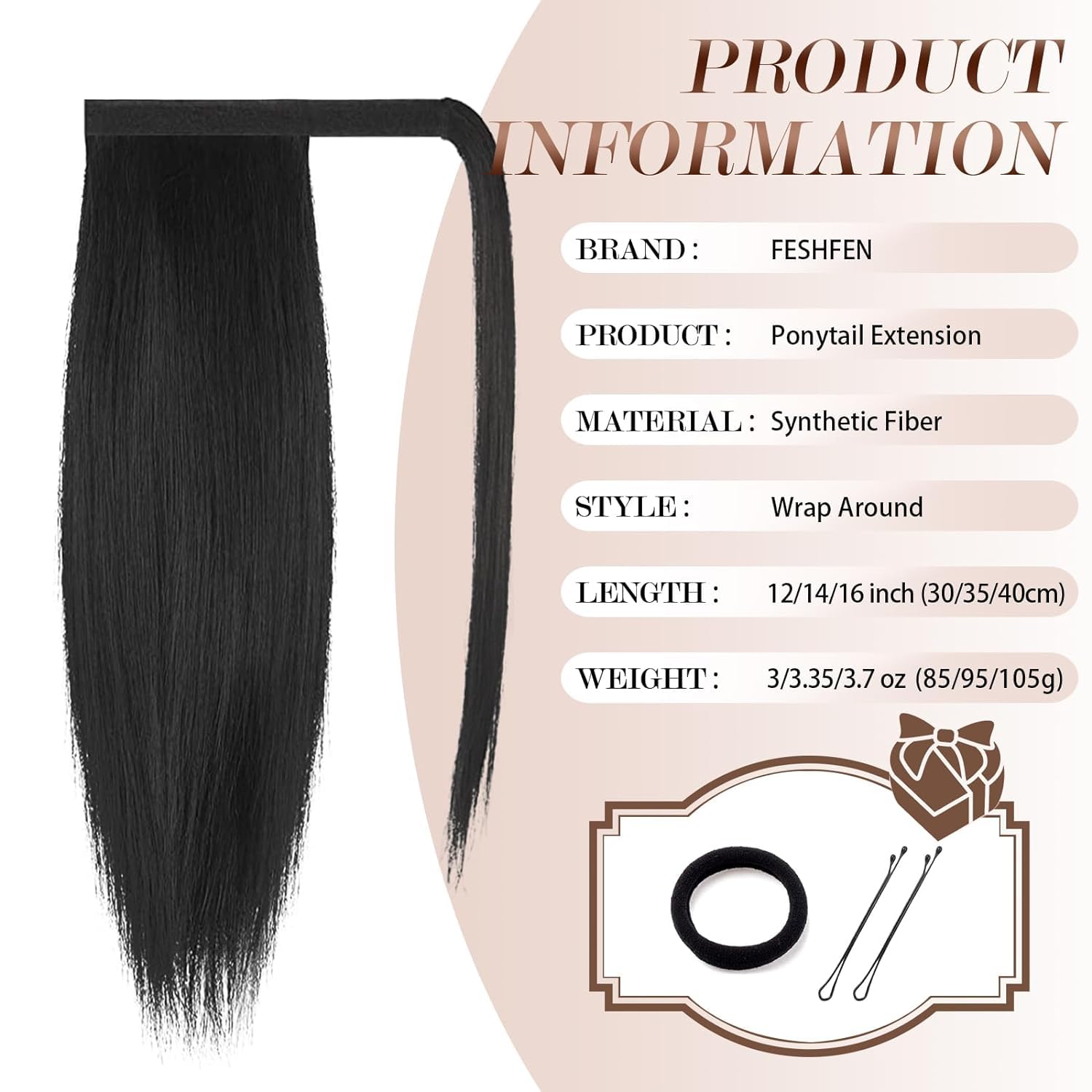 Feshfen Straight Ponytail Extension 18 Inch Natural Long Ponytails Wrap Around Clip In Pony Tail Hair Piece Synthetic Hairpieces