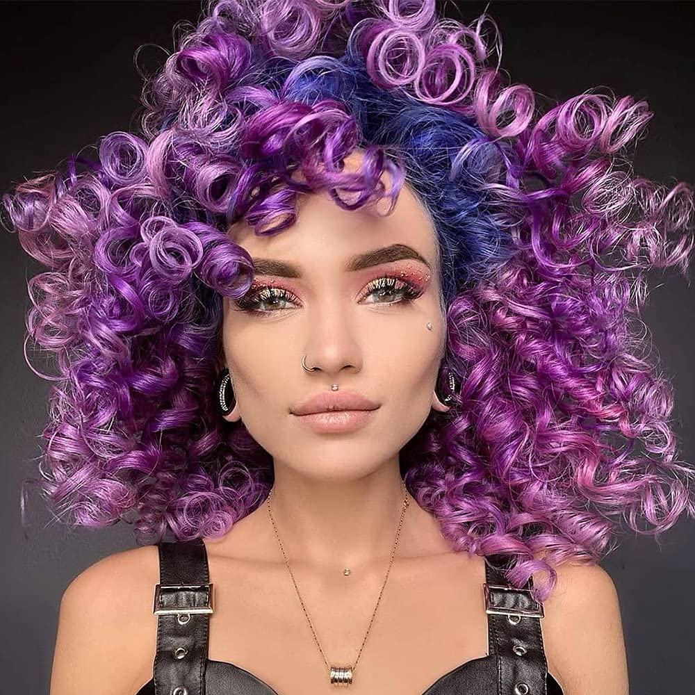 andromeda Blue Purple Wigs for Women Soft Short Curly Wig with Bangs Heat Resistant Synthetic Fiber Hair Halloween Cosplay Wigs 