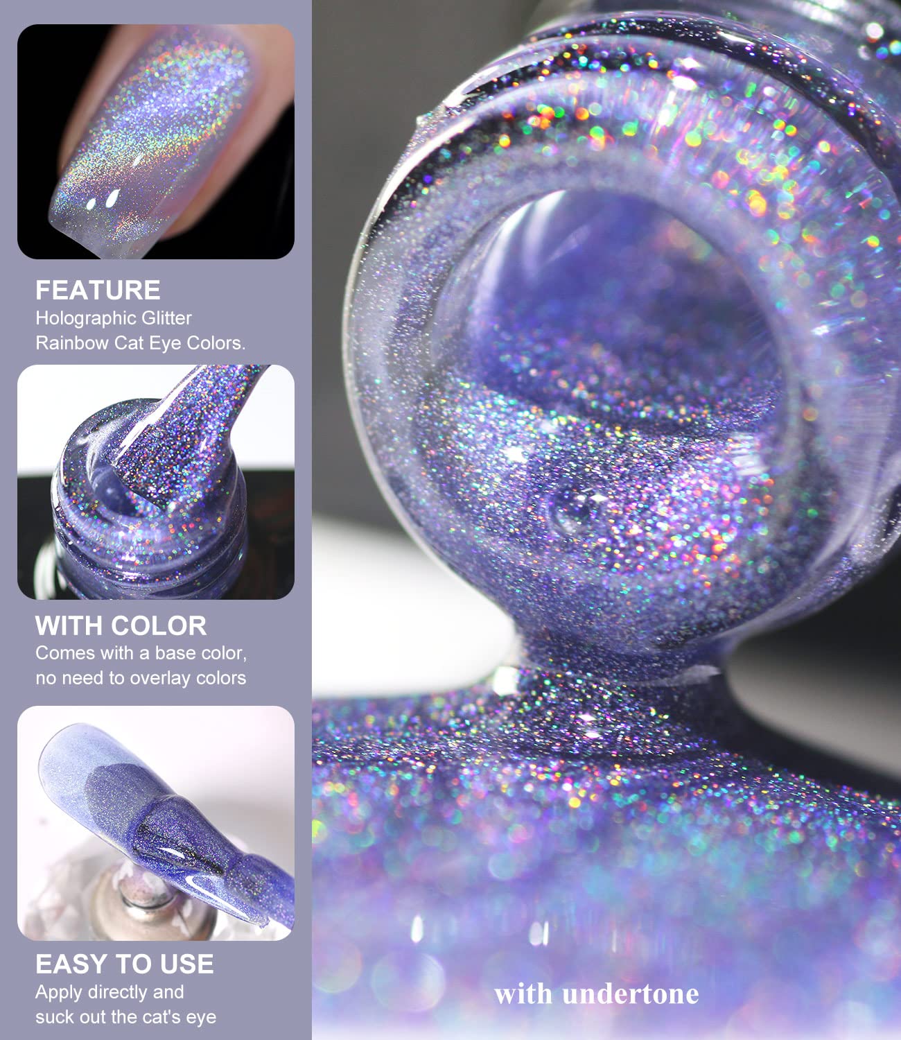 Gel Nail Polish 15Ml/0.5Fl Oz Holographic Purple 9D Cat Eye Shiny Glitter Soak Off Nail Polish With Magnetic Stick For Nail Salo