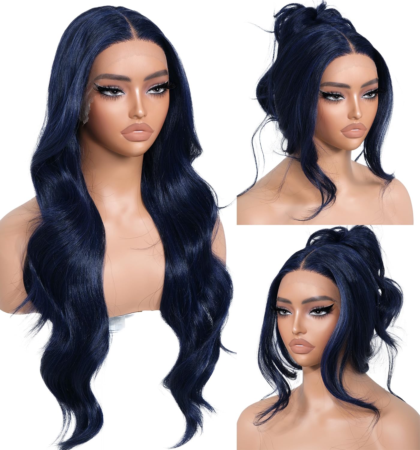 BrownBomb Dark Blue Synthetic Lace Front Wigs Body Wave Glueless Wigs With Bangs Pre Plucked Pre Cut HD Lace 13x5x1 Middle Part 