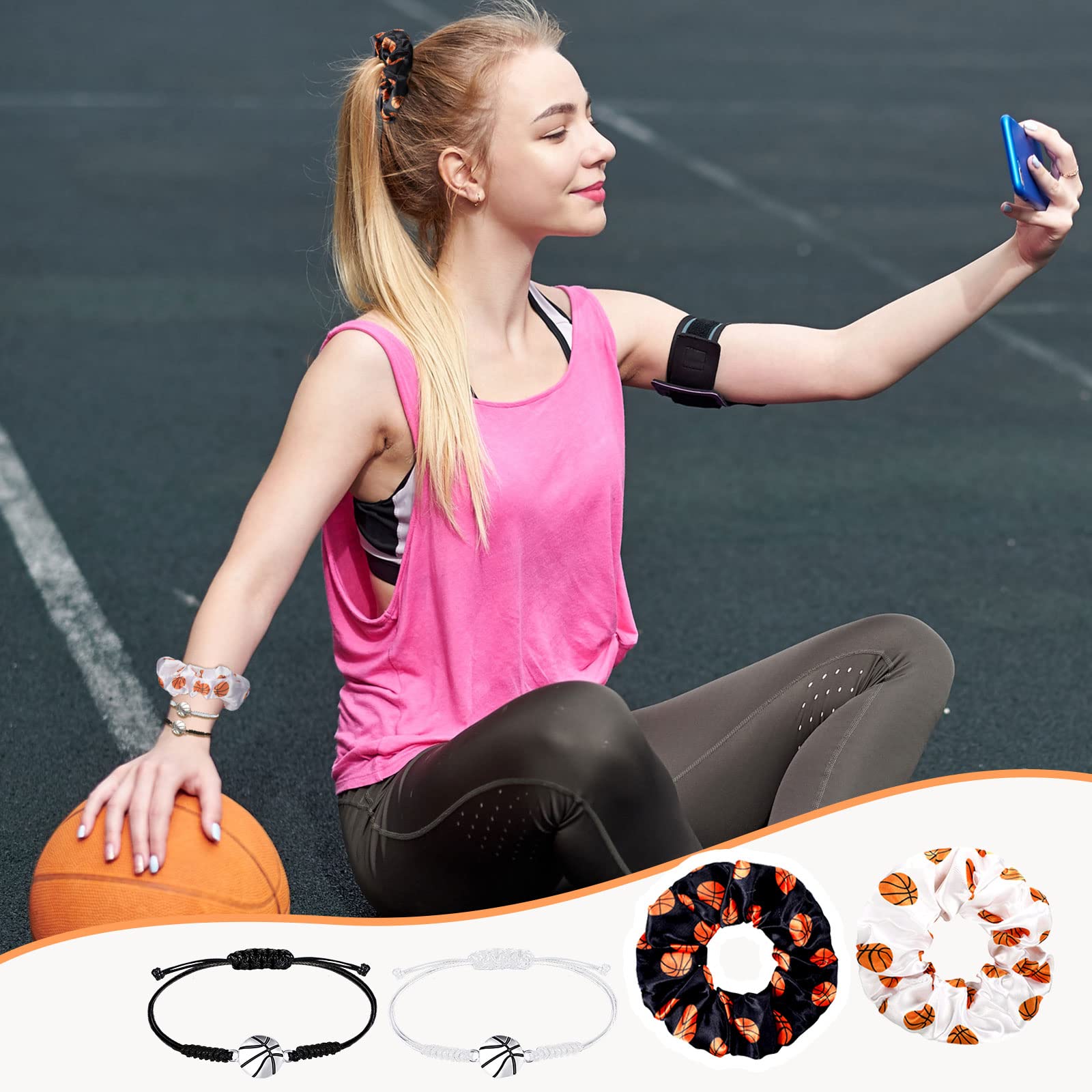 40 Pcs Basketball Accessories Set - 20 Adjustable Bracelets and 20 Elastic Hair Scrunchies - Sport Gifts for Girls, Teens, Playe