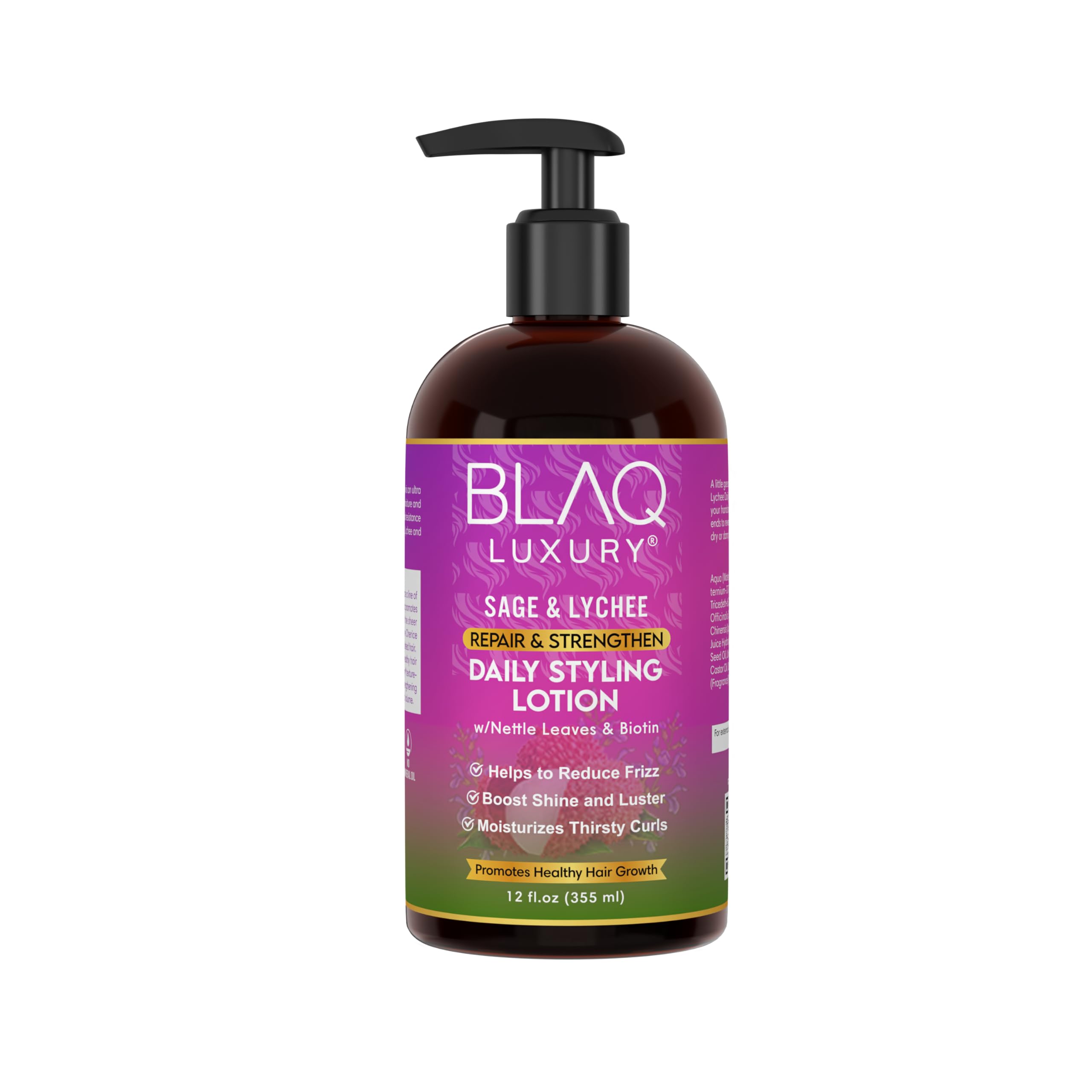 Blaq Luxury Sage & Lychee Daily Styling Lotion - Formula For Easy Styling And Frizz Control - Infused With Biotin And Natural Bo
