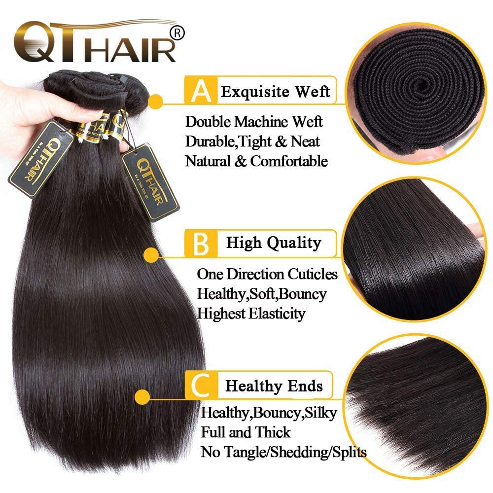 Qthair 14A Virgin Hair Straight Human Hair With Lace Closure (16 18 20+14) 100% Unprocessed Straight Brazilian Virgin Hair Weave