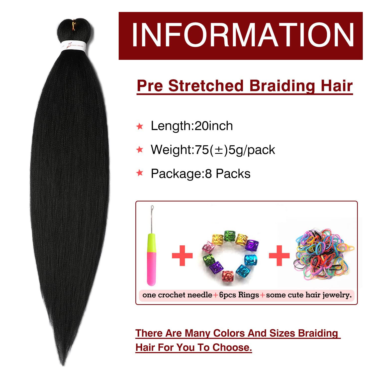 Pre Stretched Braiding Hair Natural Black - 20''8 Packs Braid Crochet Hair Hot Water Setting Professional Soft Yaki Texture (20I