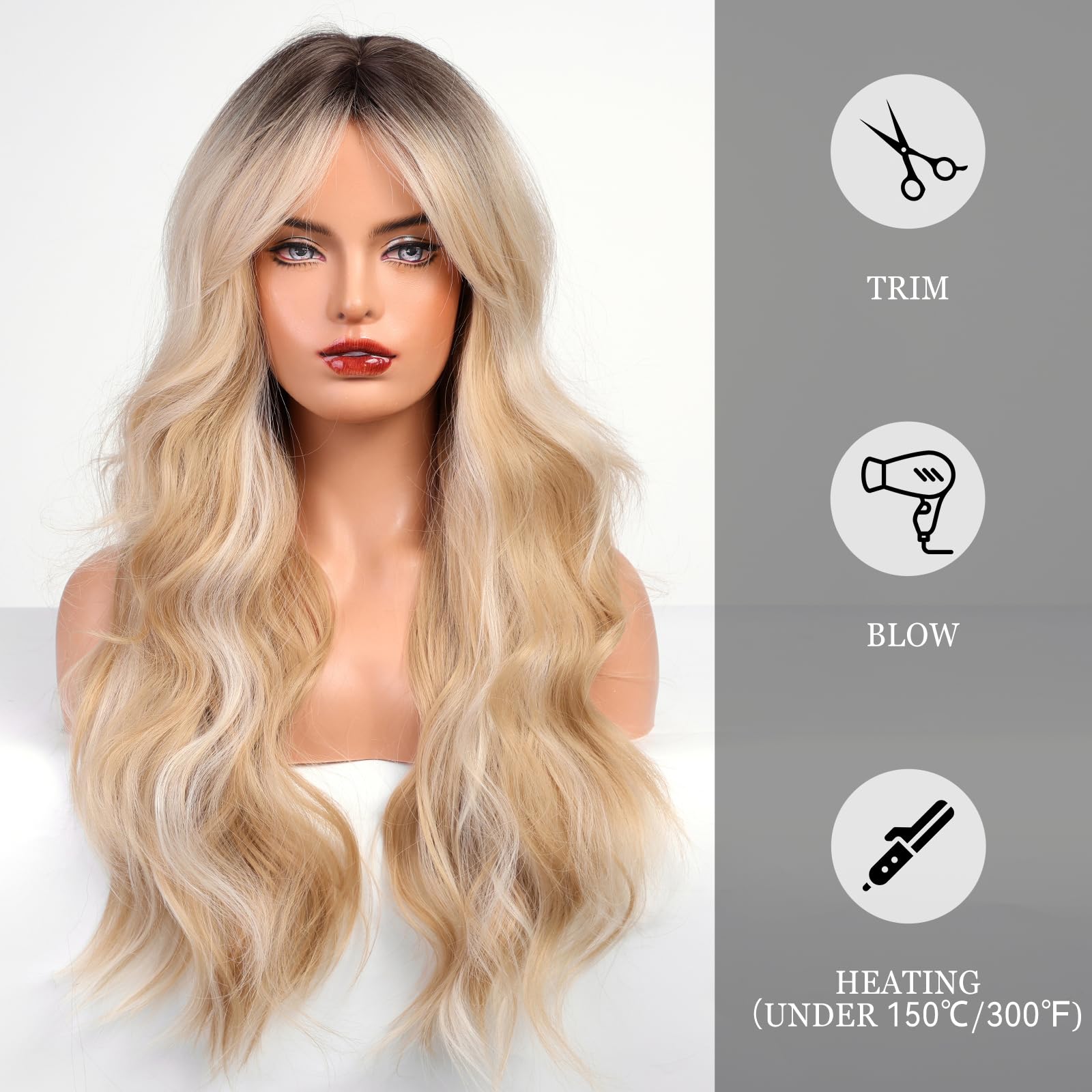 Haircube Blonde Long Curly Wig With Bangs Dark Root Highlight Natural Appearance Heat-Resistant Synthetic Wig Suitable For Fashi