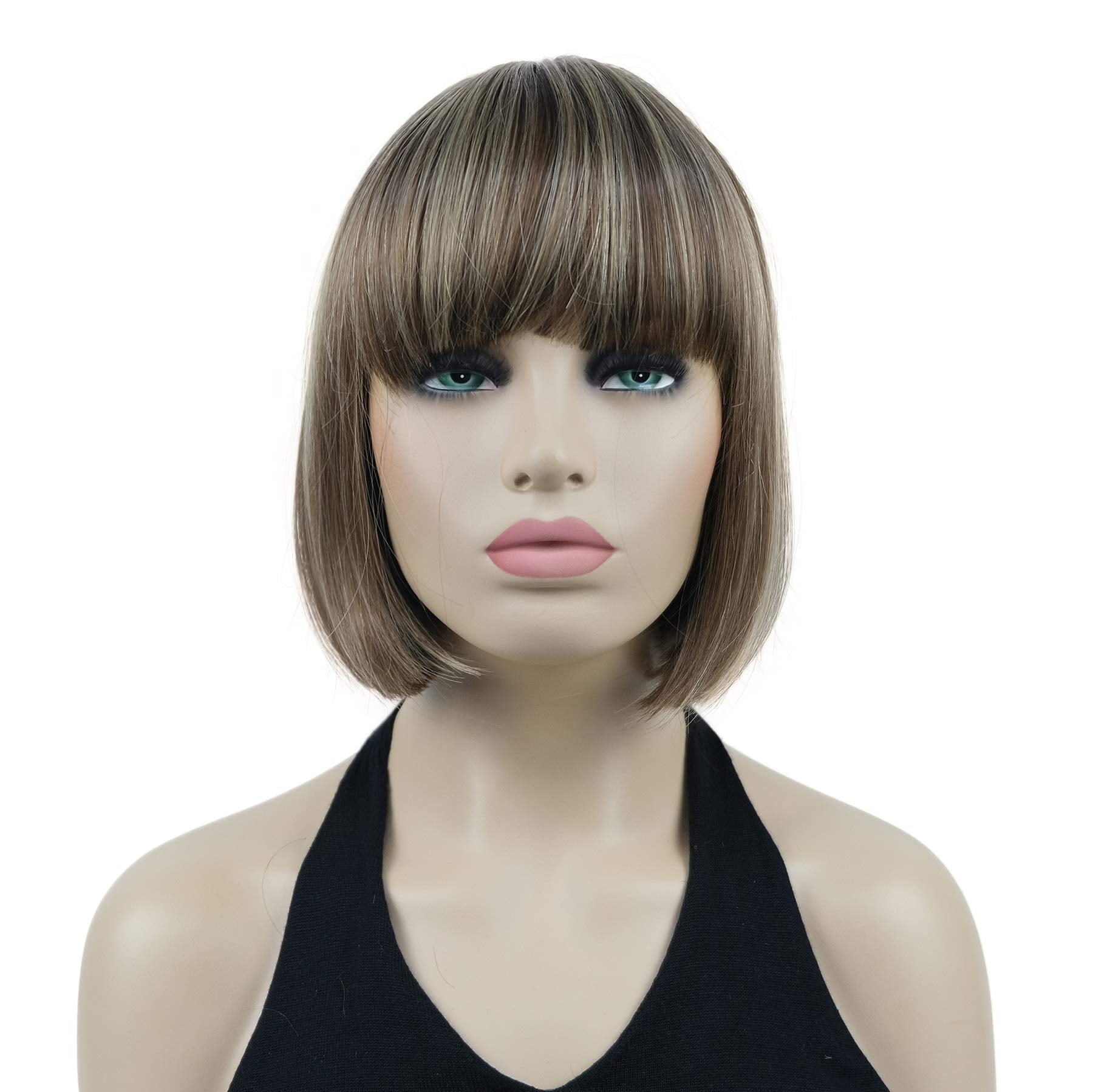 Lydell 8'' Straight Short Bob Hair Flat Bangs Cute Central Dot Skin Top Heat Resistant Synthetic Wigs (AB607)