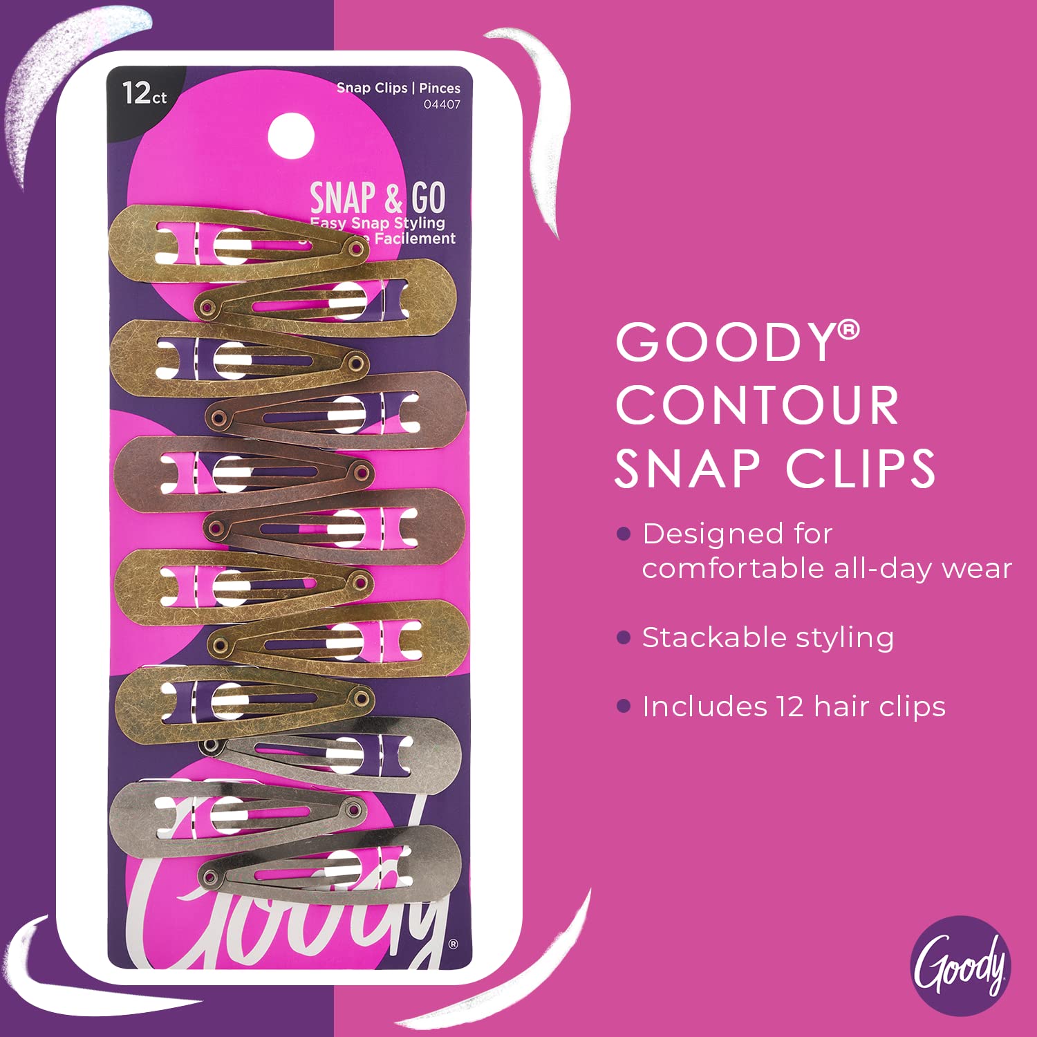 Goody Metal Contour Snap Clips - 12 Count, Assorted Colors - Just Snap Into Place - Suitable For All Hair Types - Pain-Free Hair