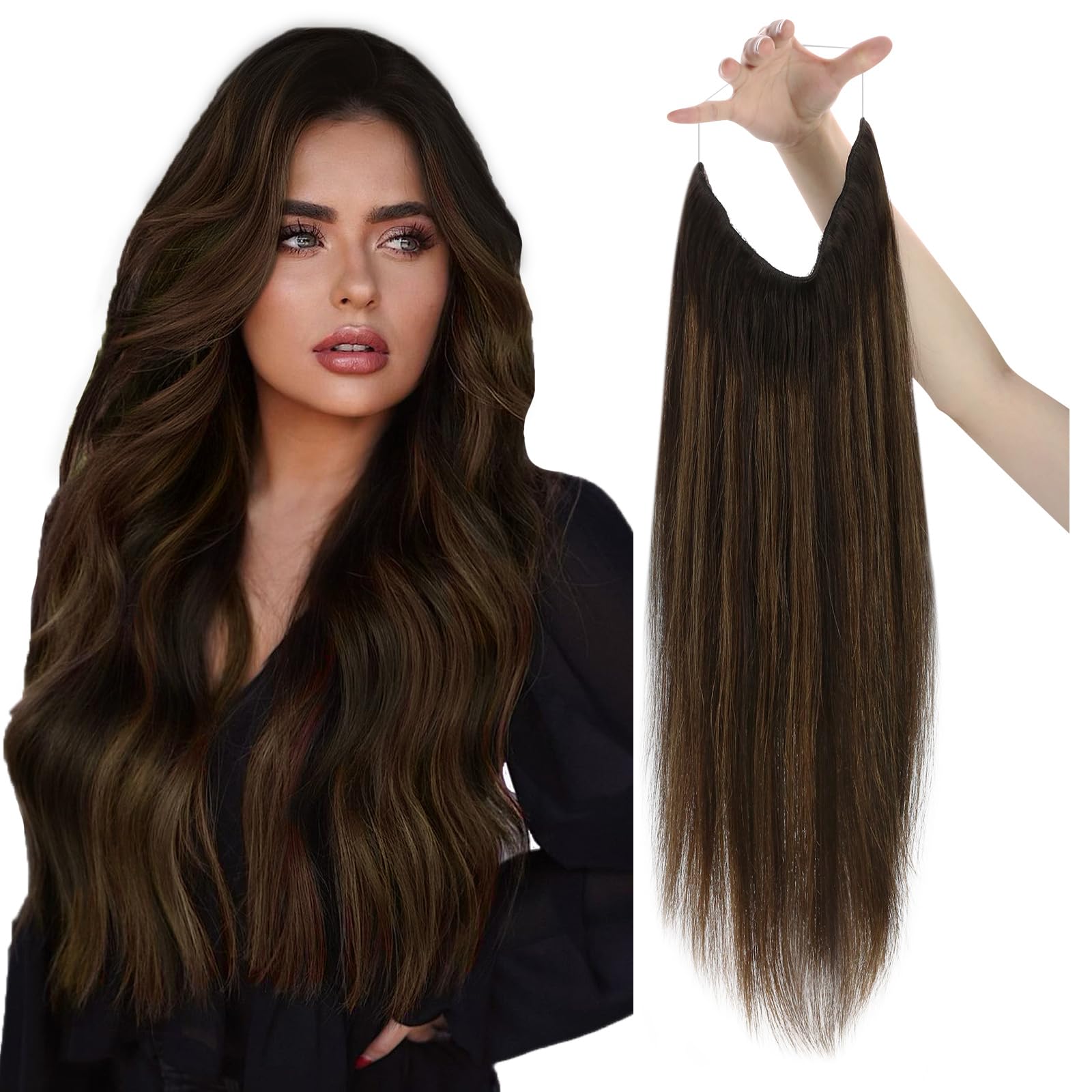 Sunny Wire Hair Extensions Real Human Hair Brown Ombre Fishing Wire Human Hair Extensions Darkest Brown to Medium Brown Balayage