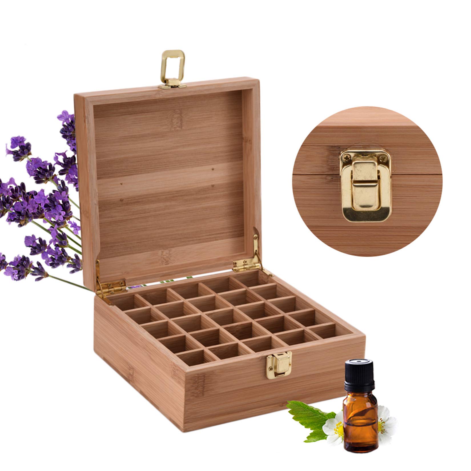 Pure Vie Essential Oil Bamboo Storage Box Travel Display Presentation, Holds 25 Bottles For 5, 10, 15Ml - Aromatherapy Organizer