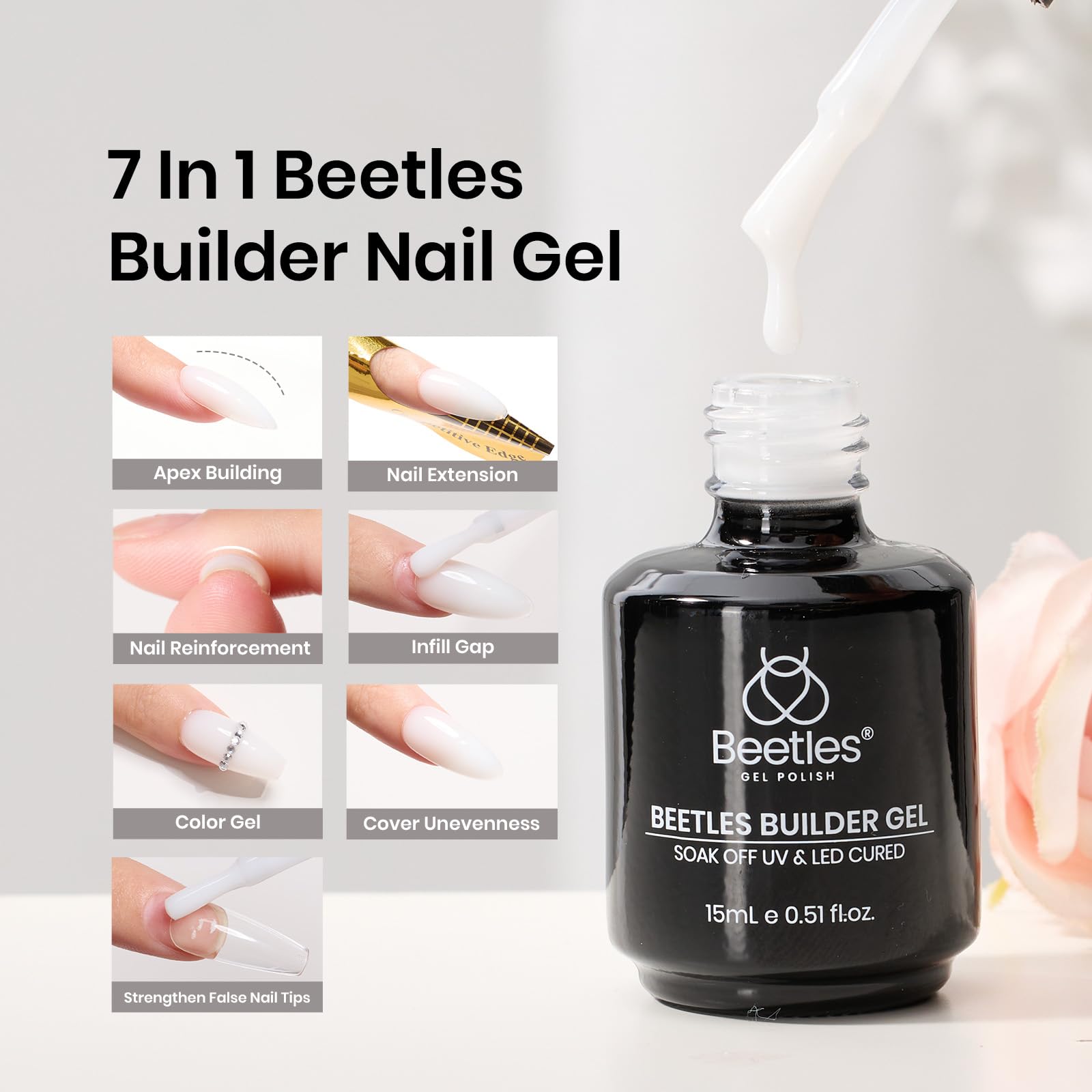 Beetles Builder Gel For Nails -15Ml 7 In 1 Milky White Nail Builder Strengthener White Gel Builder For Nails Hard Gel Jelly Gel