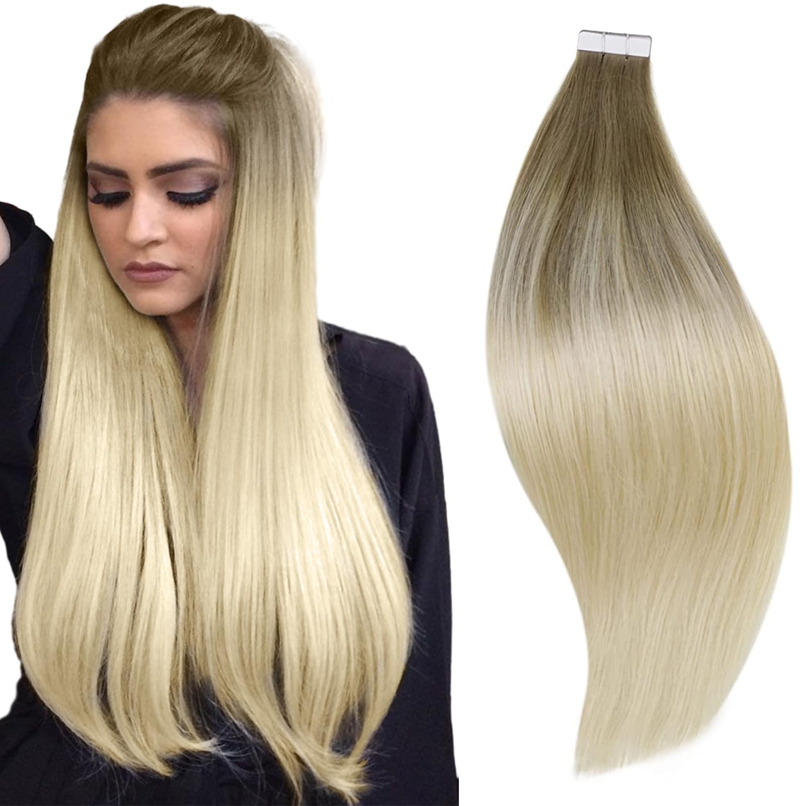 Runature 18 Inches Ombre Brown Tape In Hair Extensions Human Hair Long Tape In Remy Hair Extensions Balayage Light Brown Fading