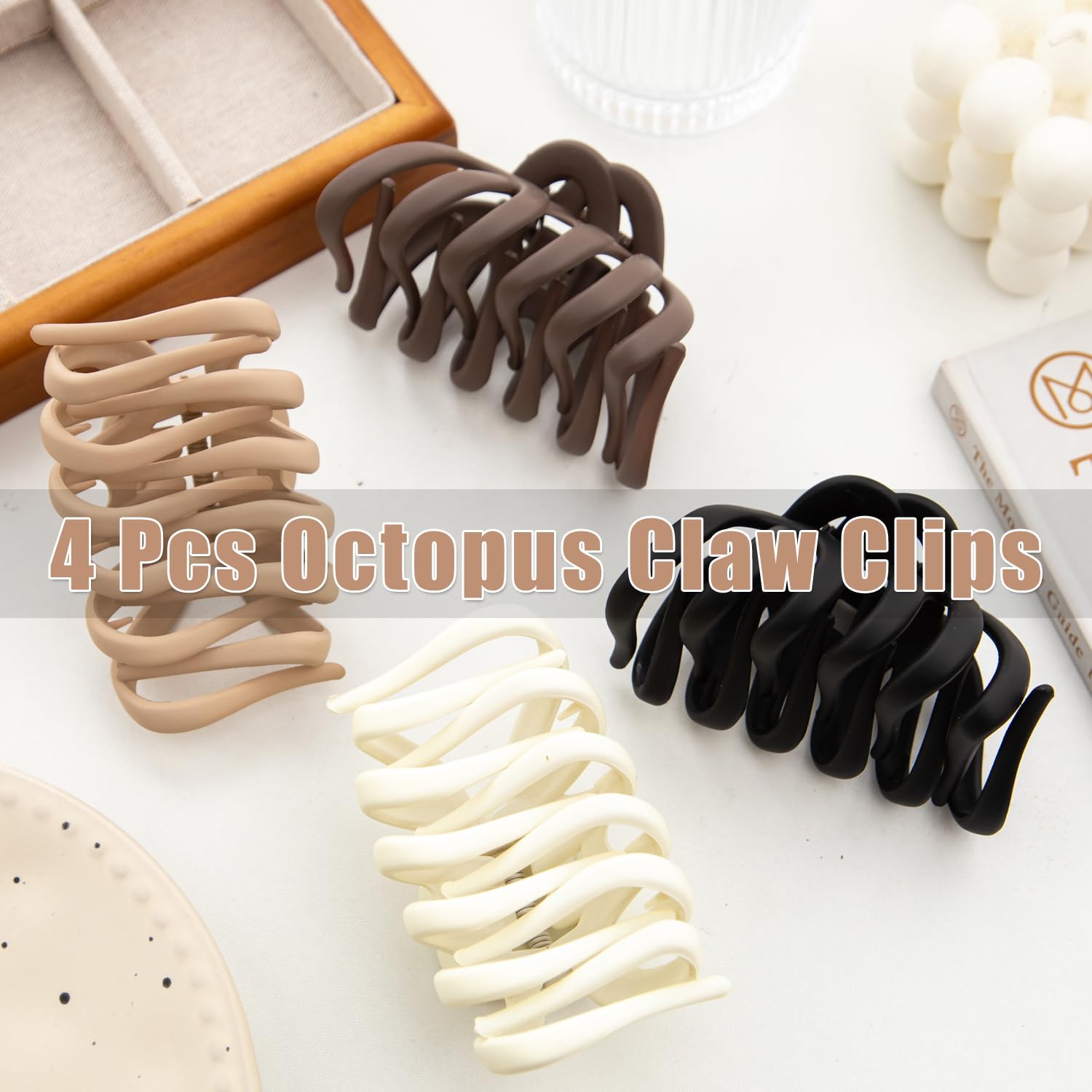 Seneeel 4 Pcs Octopus Claw Clips, 3.8'' Large Hair Claw Clips For Women, Strong Grip Non-Slip Jaw Clips For Thick Hair, Natural