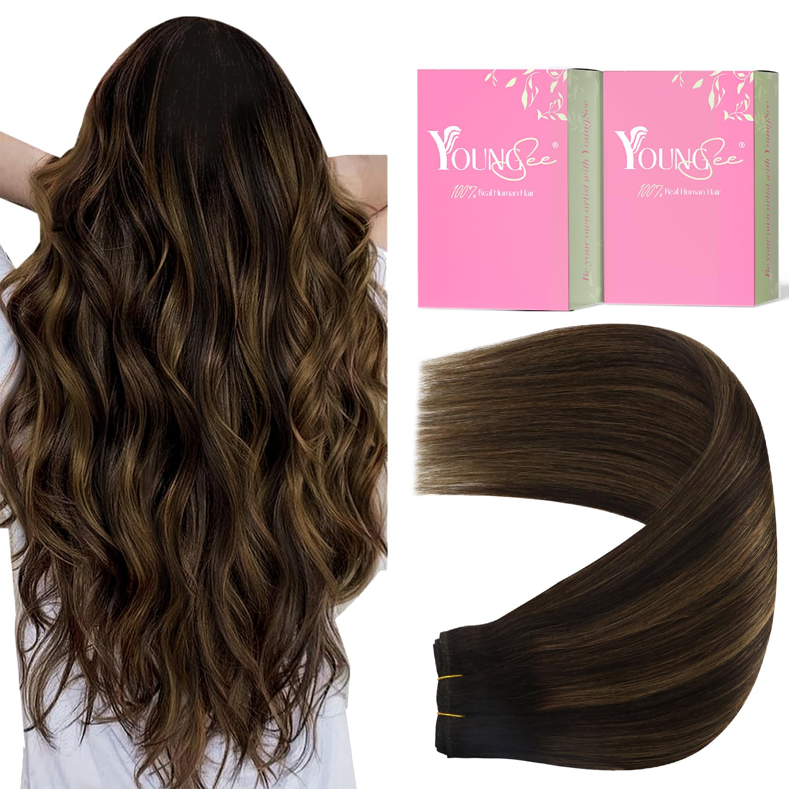 YoungSee Sew in Hair Extensions Real Human Hair Brown 24Inch Weft Hair Extensions Balayage Hair Extensions Sew in Dark Brown Mix