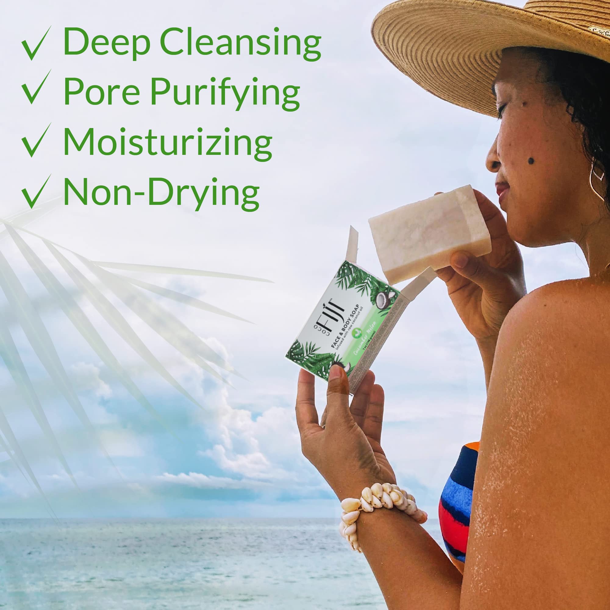 Coco Fiji Soap Bar for Face and Body Infused With Organic Coconut Oil, Cucumber Melon, Essential Oil, Natural Soap for Moisturiz