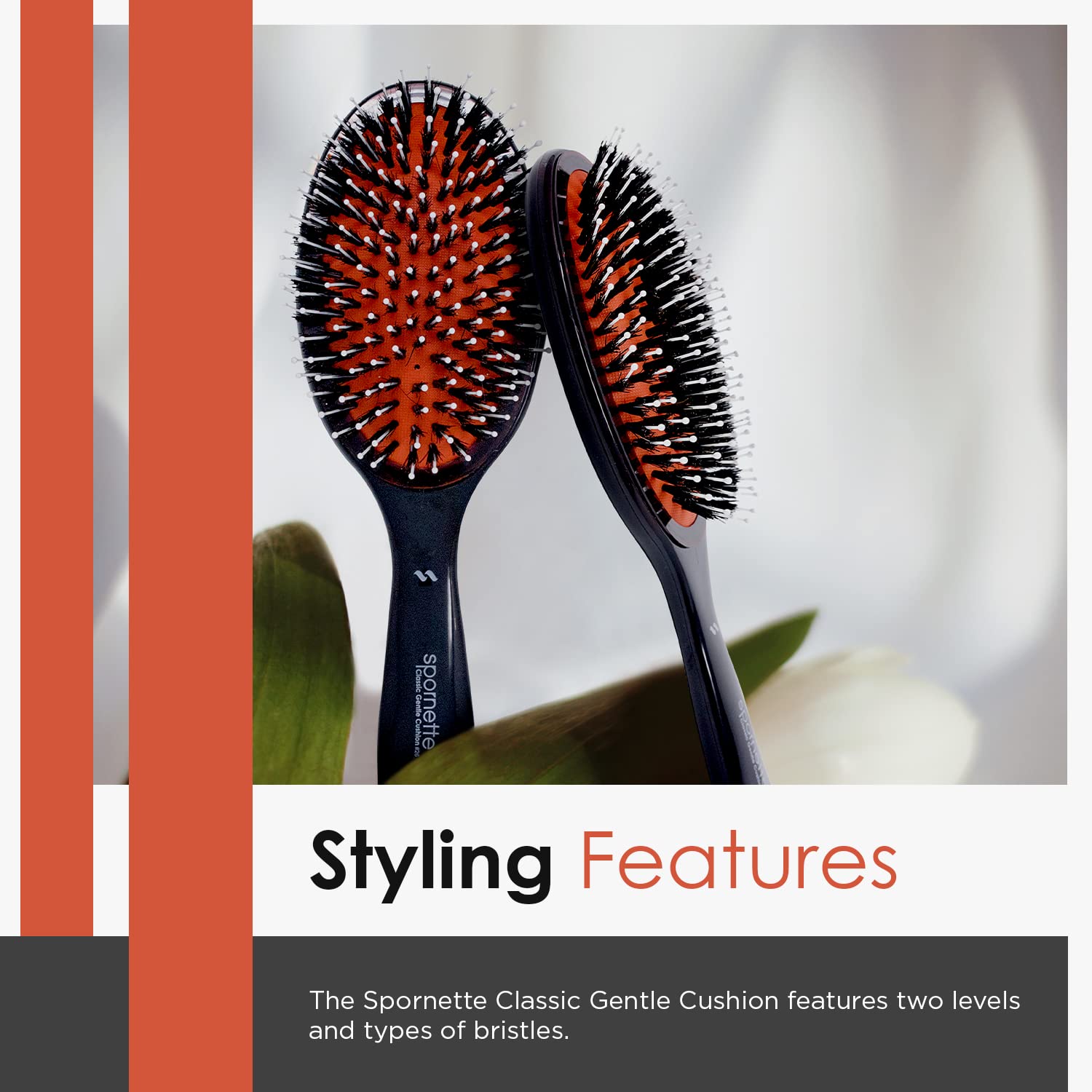 Spornette Classic Cushion Hair Brush, Boar & Ball-Tipped Nylon Bristles - Lightweight Oval Handle Brush for Straightening, Styli
