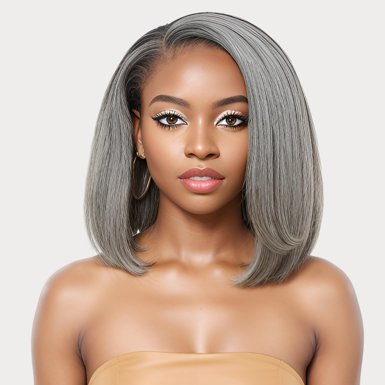BAOHUKE 12'' Glueless Salt And Pepper Human Hair Wigs Staight Grey Bob Wig Human Hair 5x5 Closure Grey HD Lace Front Human Hair 