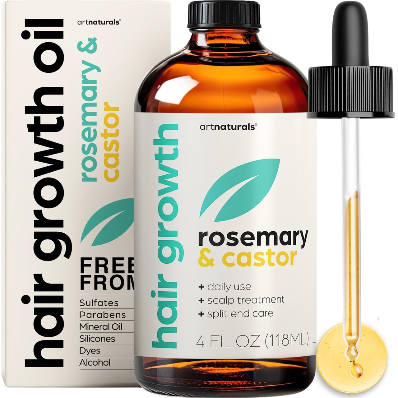 Artnaturals Organic Rosemary Castor Hair Oil + Massager Set  4 oz with Coconut & Olive Oil for Dry, Damaged & Split Ends