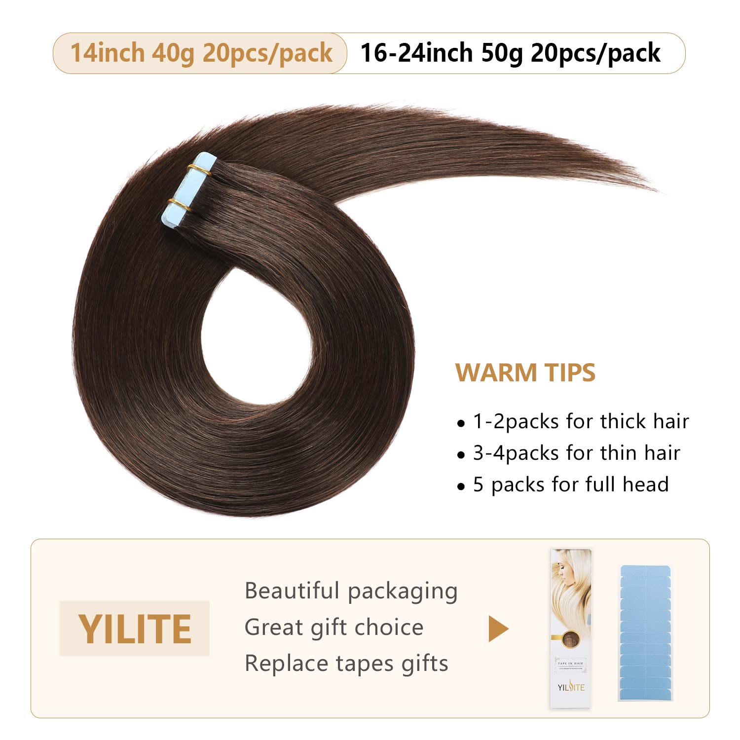 YILITE Tape in Hair Extensions - 14 inch Silky Straight Human Hair - #2 Darkest Brown - 20pcs, 40g/pack
