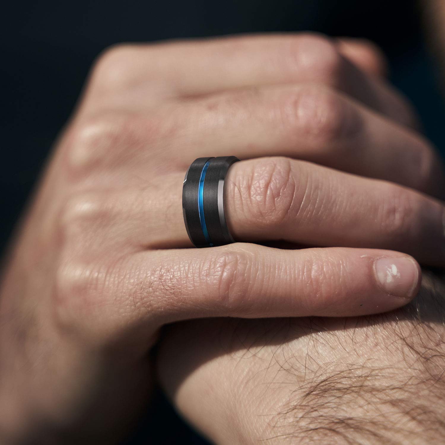 Greenpod 10MM Black Tungsten Ring for Men Thin Blue Line Groove Beveled Edge Wedding Band Comfort Fit Size 13.5