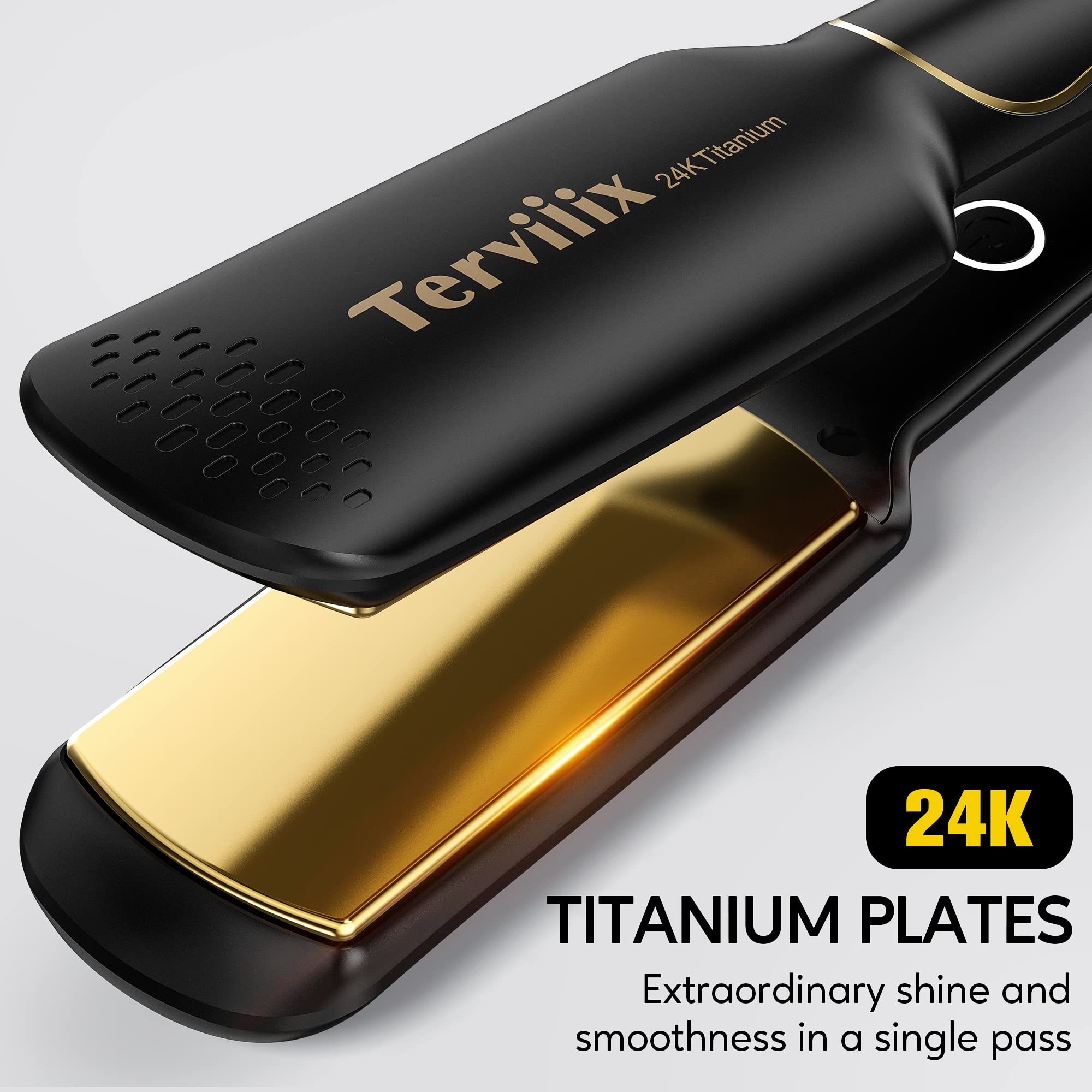 Terviiix Titanium Flat Iron Hair Straightener, 1-3/4 Inch, Non-Snagging, Gold, Salon-Grade for Thick & Curly Hair