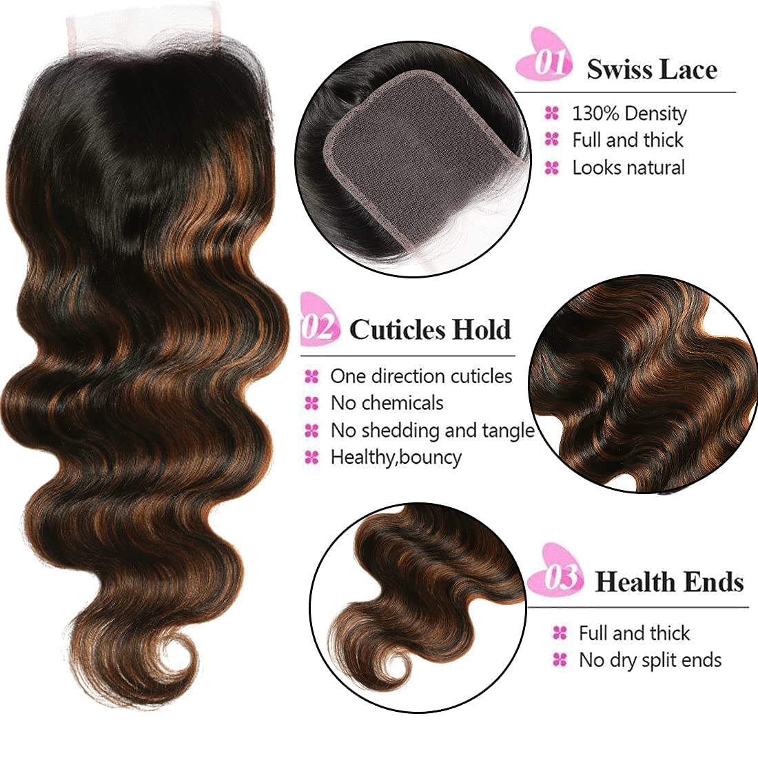 UNICE Brown Highlight Body Wave Human Hair 3 Bundles with 4x4 lace closure Free Part, Brazilian Remy Hair Ombre Human Hair Wavy