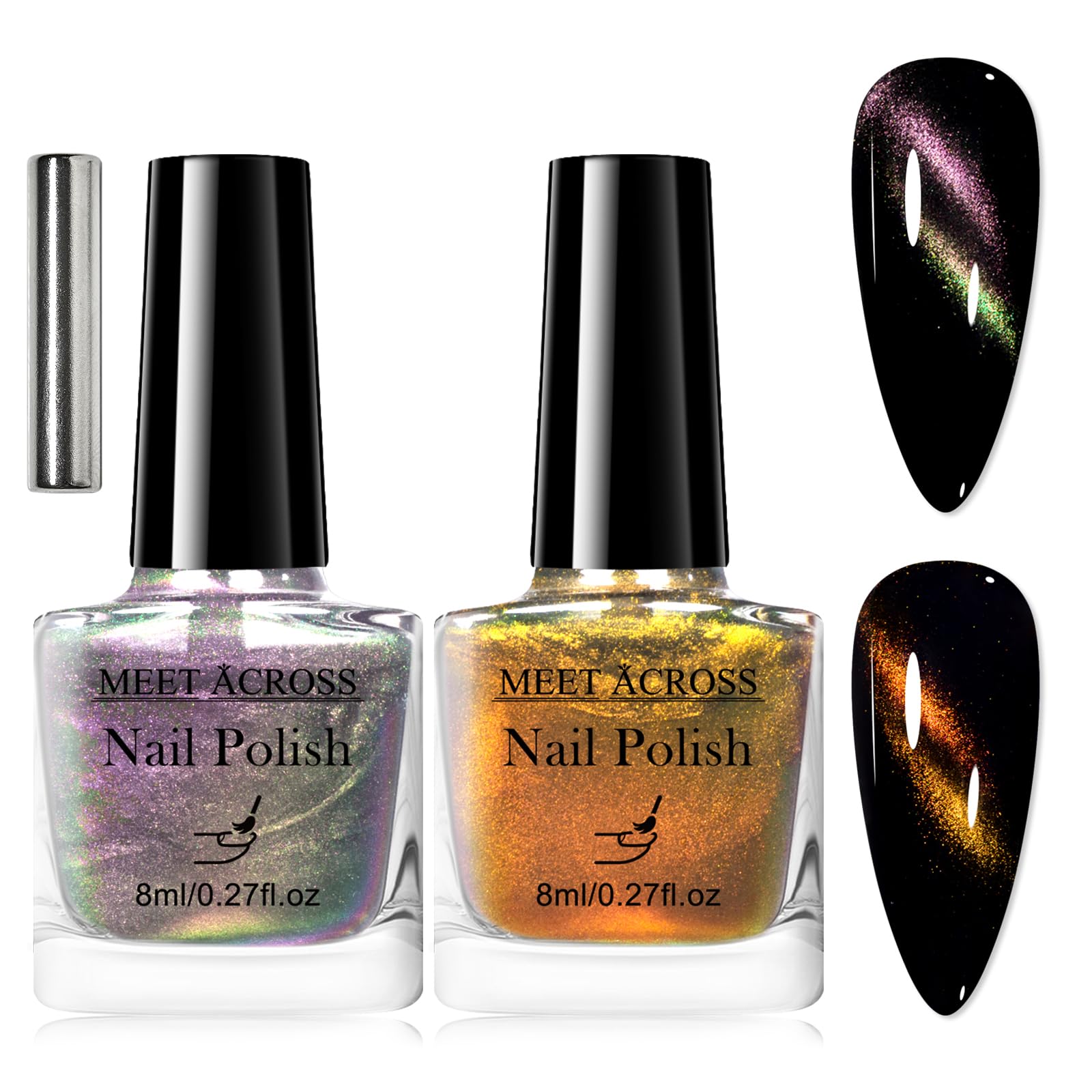 MEET ACROSS 3Pcs Magnetic Nail Polish with Magnetic Stick Kit, Glitter Cat Eye Nail Polish Non Gel, Quick Dry 2 Colors