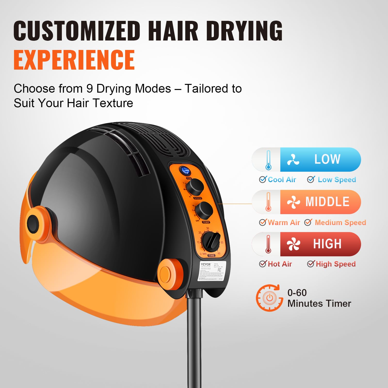 VEVOR Ionic Hooded Hair Dryer with Variable Speed & Temperature Adjustment, 1875W, Sit Under Hair Dryer with Timer for Beauty Sa