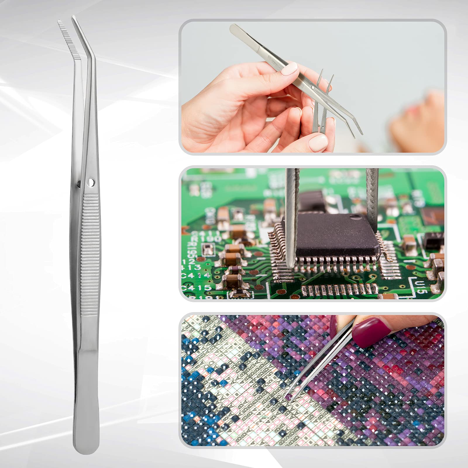 Stainless Steel Tweezers With Curved Serrated Tip Multipurpose Tweezers Sewing Machine Tweezers Forceps Tweezers For Craft, Silv