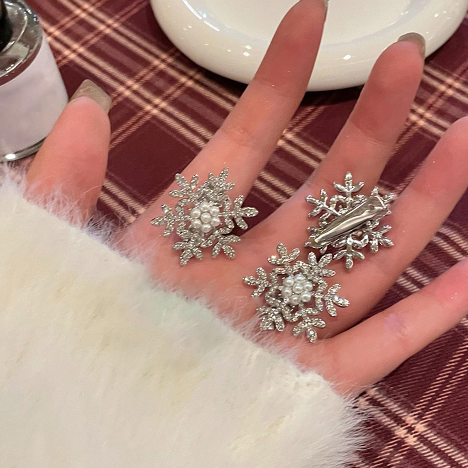 Paderison 6PCS Snowflake Hair Clips for Women Sparkly Rhinestone Hair Barrettes Silver Small Hair Clips Mini Pearl Clips Hairpin