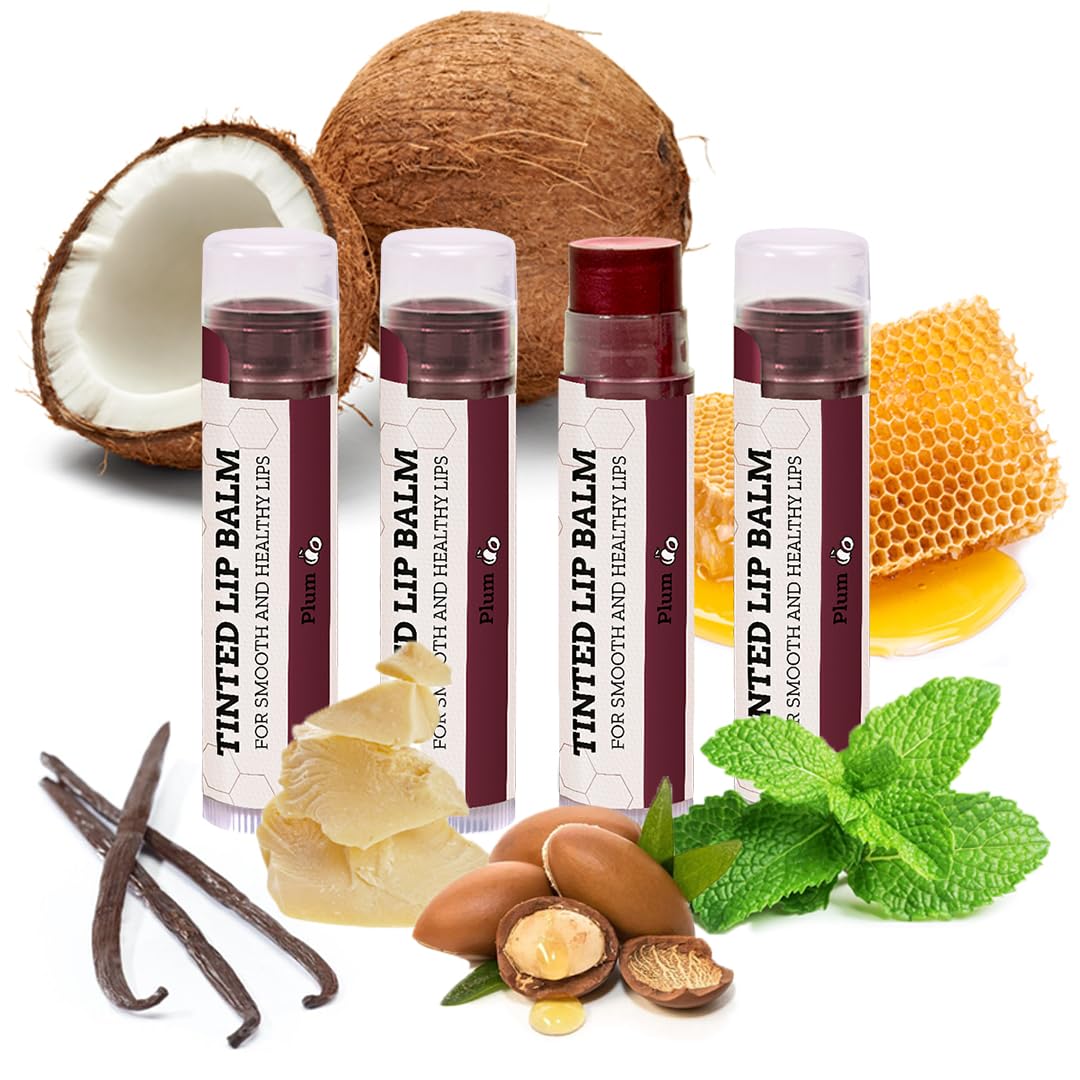 Tinted Lip Balm By Earths Daughter - 4 Pack Of Plum Color - Beeswax, Coconut Oil, Cocoa Butter, Vitamin E - Moisturize And Beaut