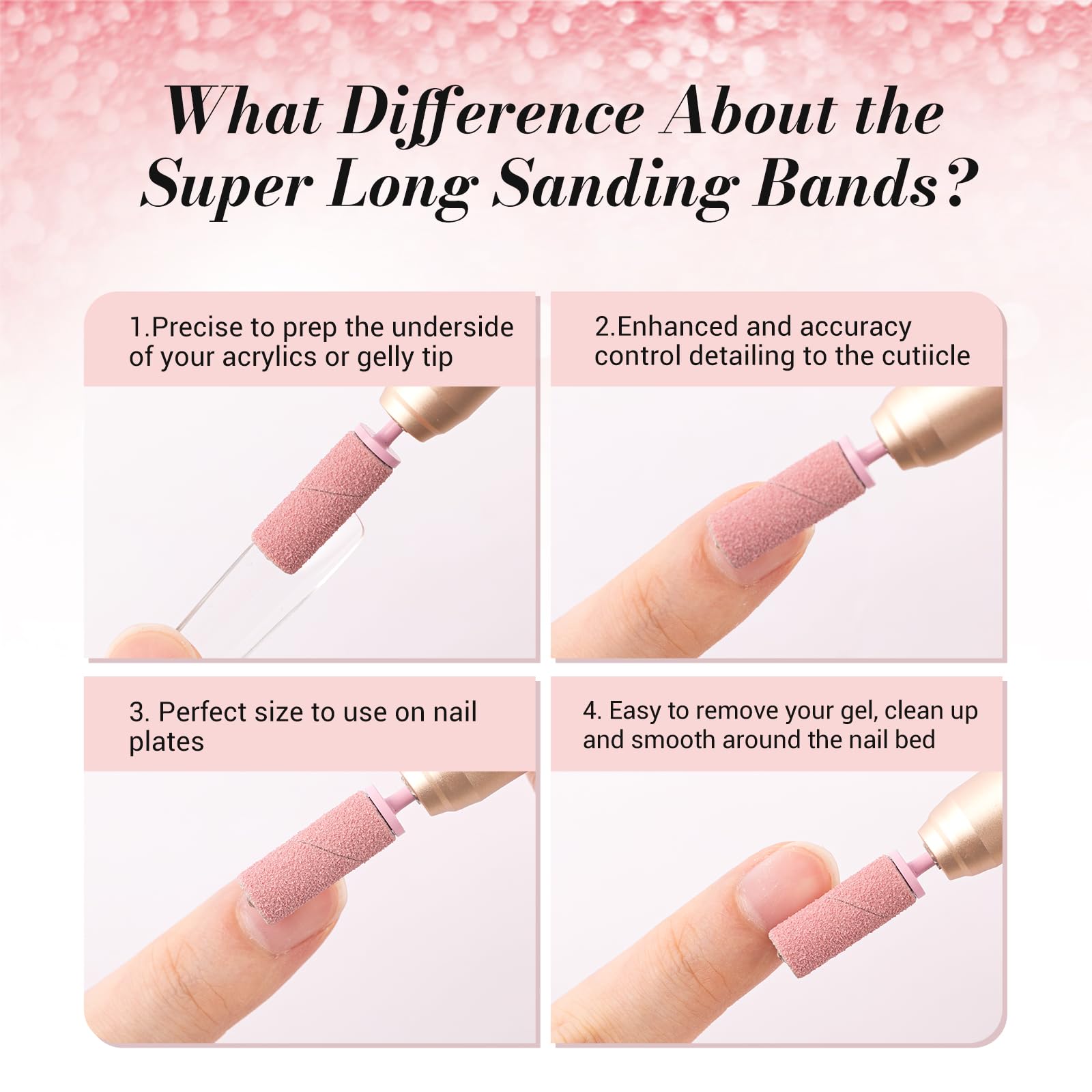 Melodysusie 50 Pcs Nail Drill Bits Super Long Sanding Bands With 6.65Mm Crystal Mandrel Bit, 120 Medium Grit Nail File For Acryl