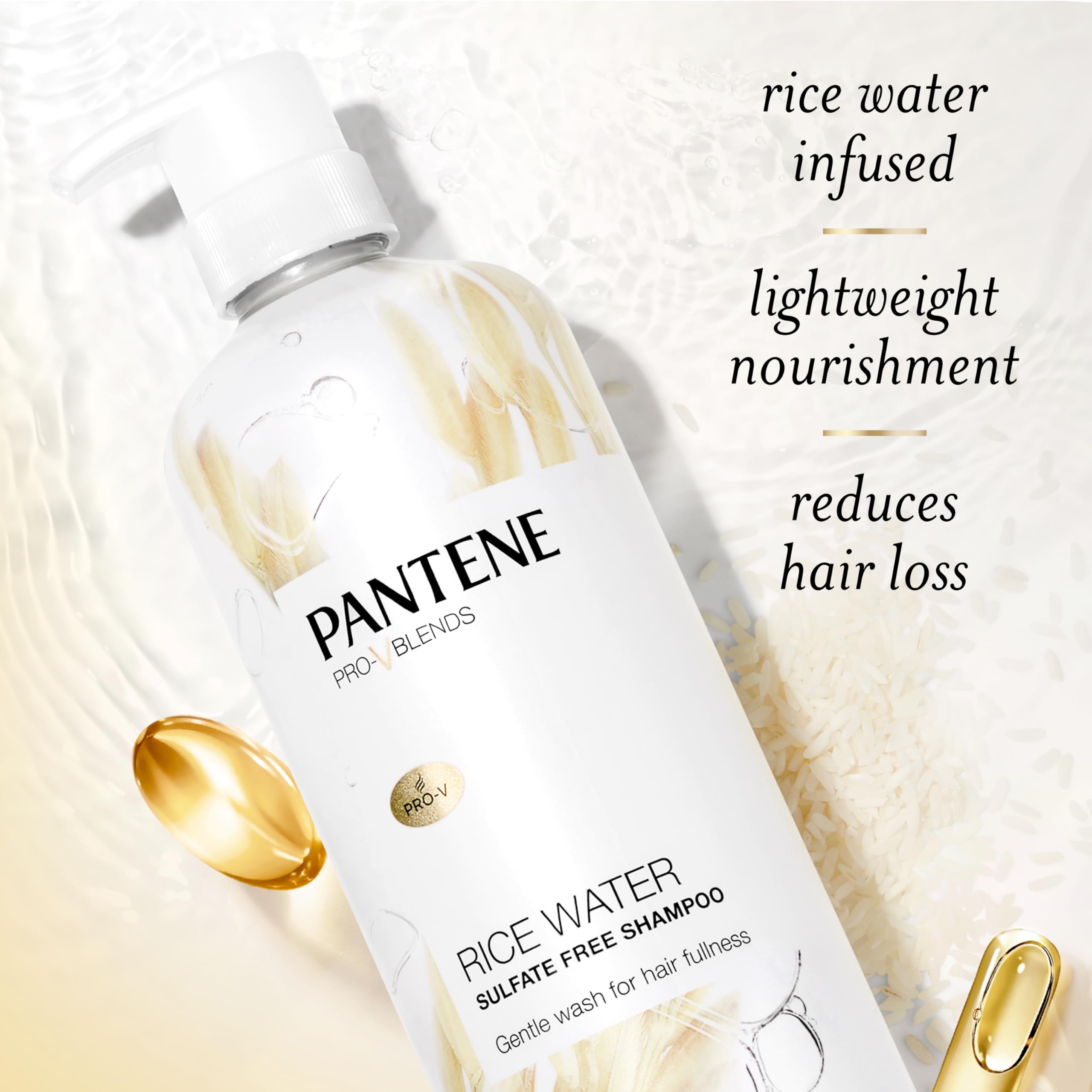 Pantene Sulfate Free Shampoo With Rice Water, Protects Natural Hair Growth, Volumizing, For Women, Nutrient Infused With Vitamin