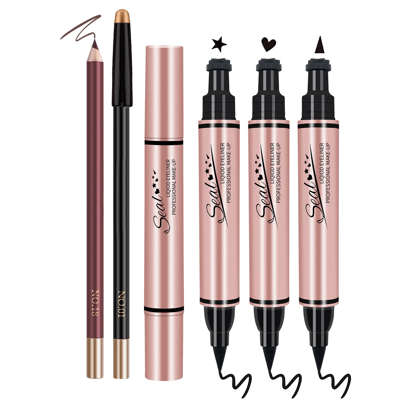 Popmisoler 5 Pcs Liquid Eyeliner Pen Stamp Set, Dual Ended Black Eyeliner With Heart/Star/Triangle Shape Eye Liner Stamp Waterpr