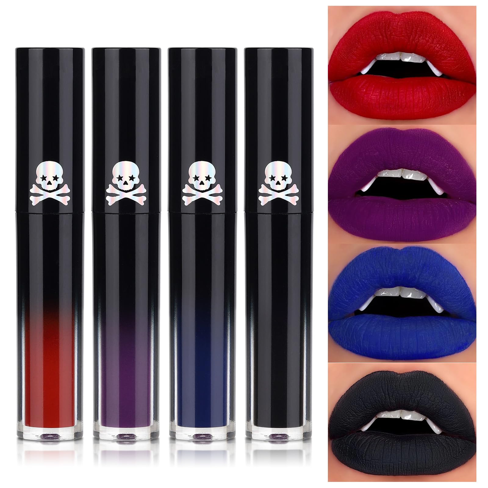 Qibest 4Pcs Matte Liquid Lipstick Makeup Sets, High Pigmented Dark Black Blue Purple Red Lip Gloss Set, Waterproof Smudge-Proof