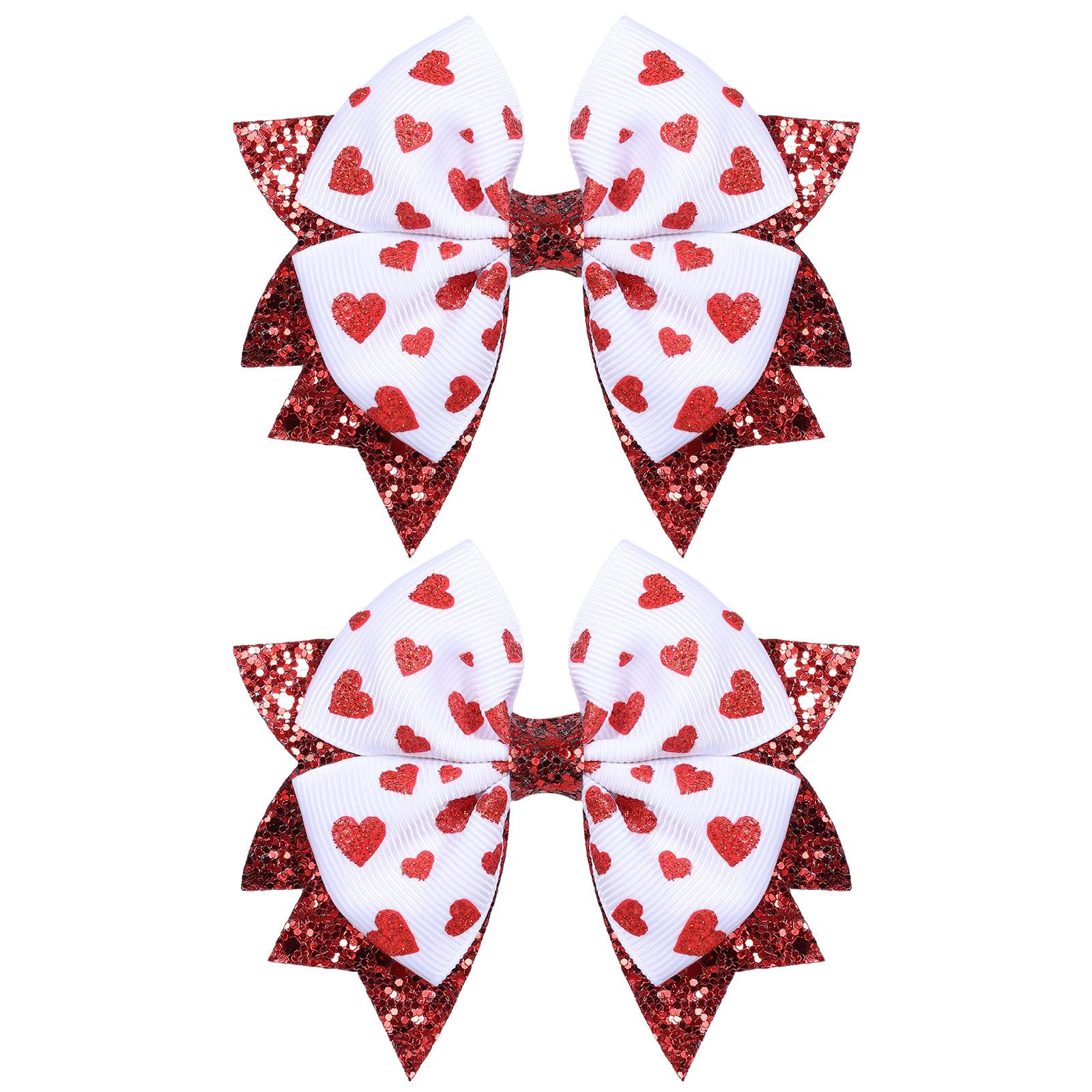 Glittery Valentines Hair Bow Clips 2pcs 3.5in Red Heart Ribbon Bow Alligator Barrettes for Toddler Teen Flower Girls Women Weddi